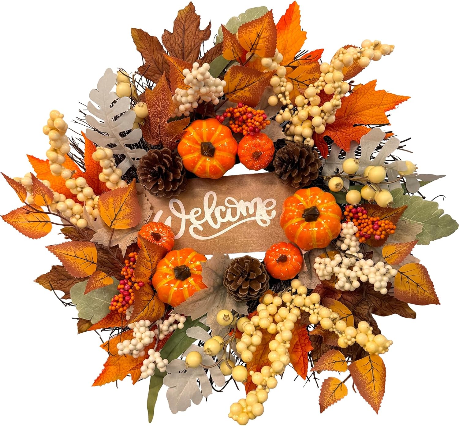 Fall Wreaths for Front Door with Welcome Sign 20 Inch Artificial Autumn Wreath with Sunflowers,Pumpkins,Berries and Leaves for Thanksgiving Harvest Farmhouse Home Decor Indoor Outdoor