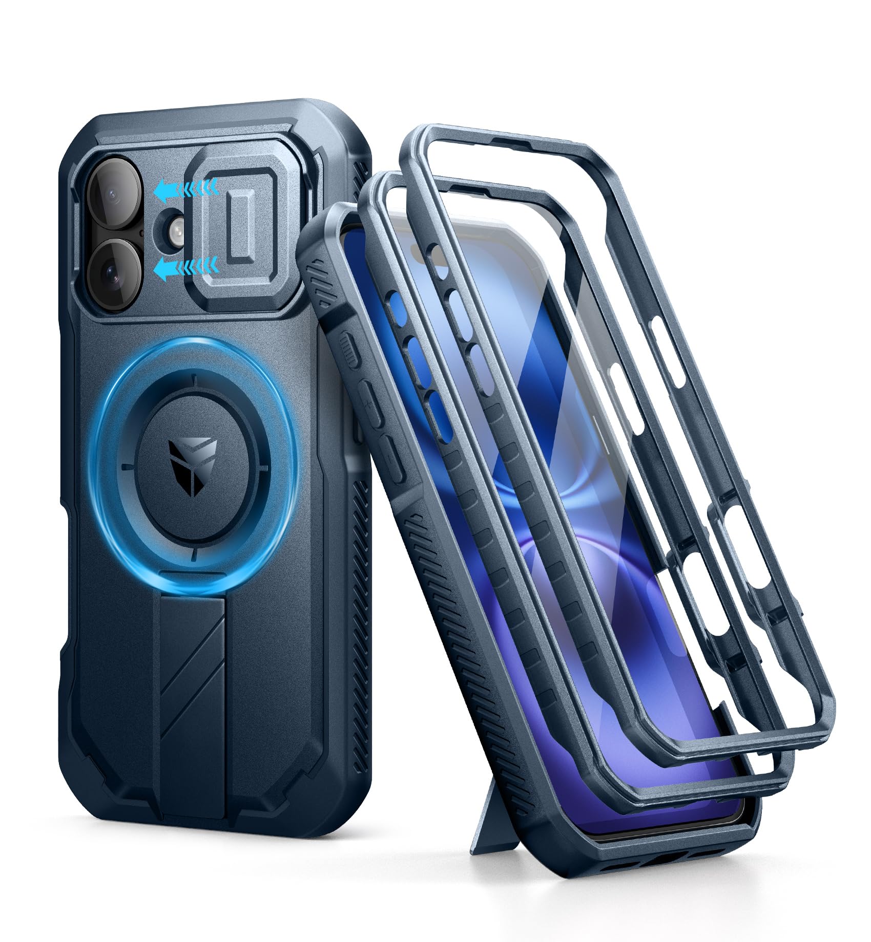 Dexnor for iPhone 16 Magnetic Case With Slide Camera Cover & Adjustable Kickstand & Built-in Screen Protector, Rugged Shockproof Bumper Cases Heavy-duty Cover - Navy Blue