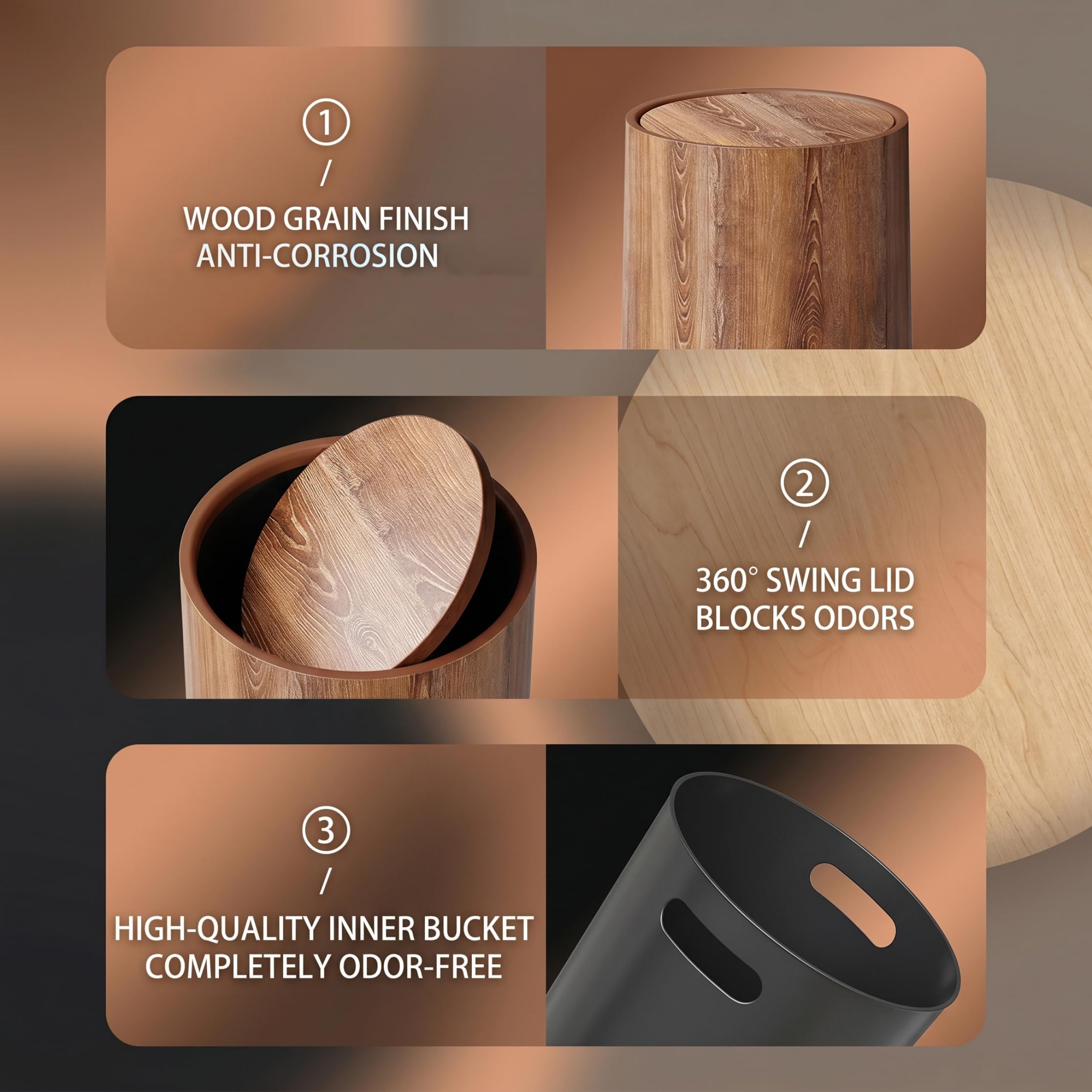 Pattumiera Coperta, Pattumiera con Parte Superiore Oscillante a Doppio Strato con Coperchio Cestino per Rifiuti in Plastica con Grana del Legno per Hotel Ufficio in Casa, 9X11 Pollici, Marrone
