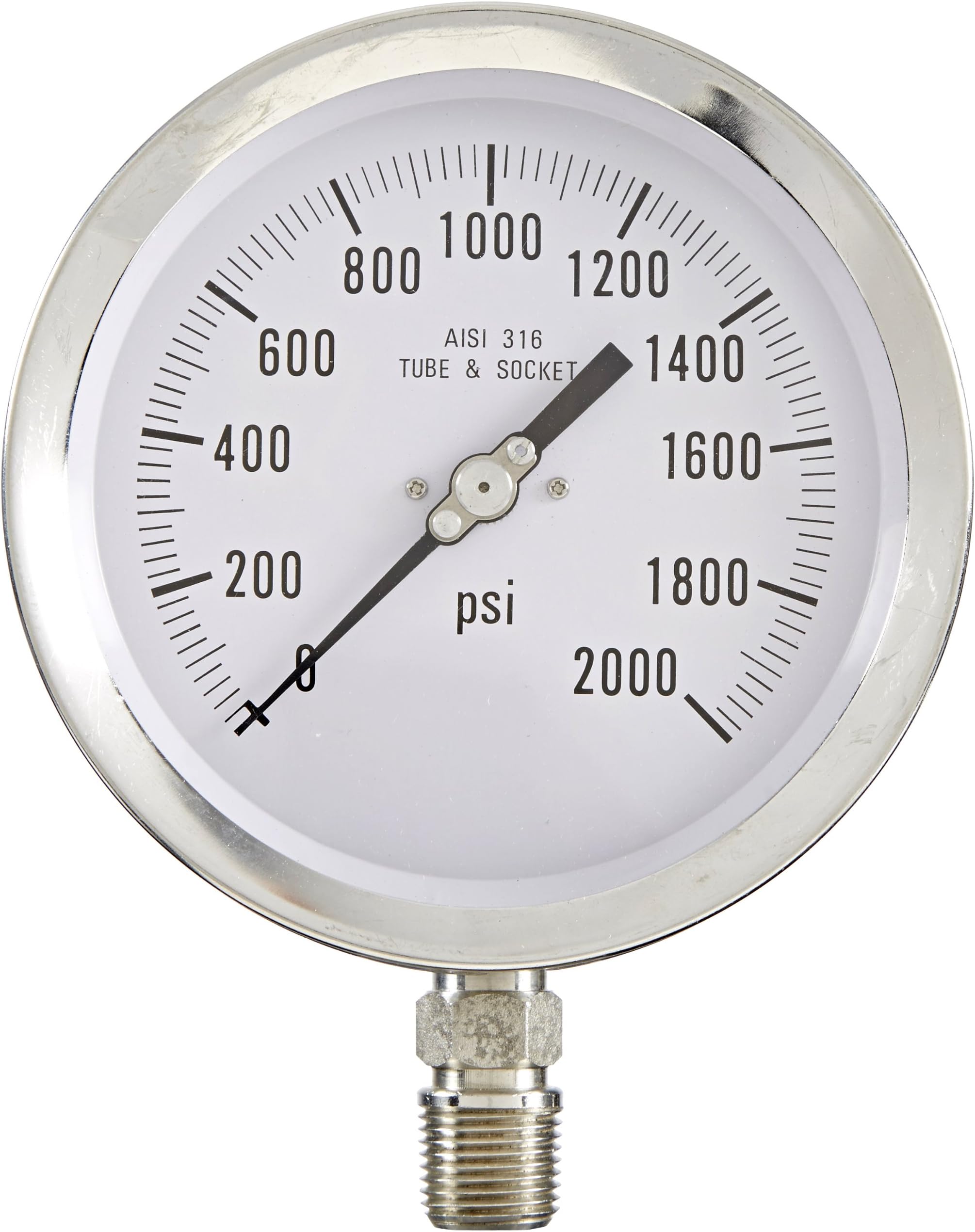 PIC Gauge 4501-SC-2LO 4.5" Dial, 0/2000 psi Range, 1/2" Male NPT Connection Size, Bottom Mount Dry Process Pressure Gauge with a Stainless Steel Case and Internals, Removable Stainless Steel Bezel, and Polycarbonate Lens