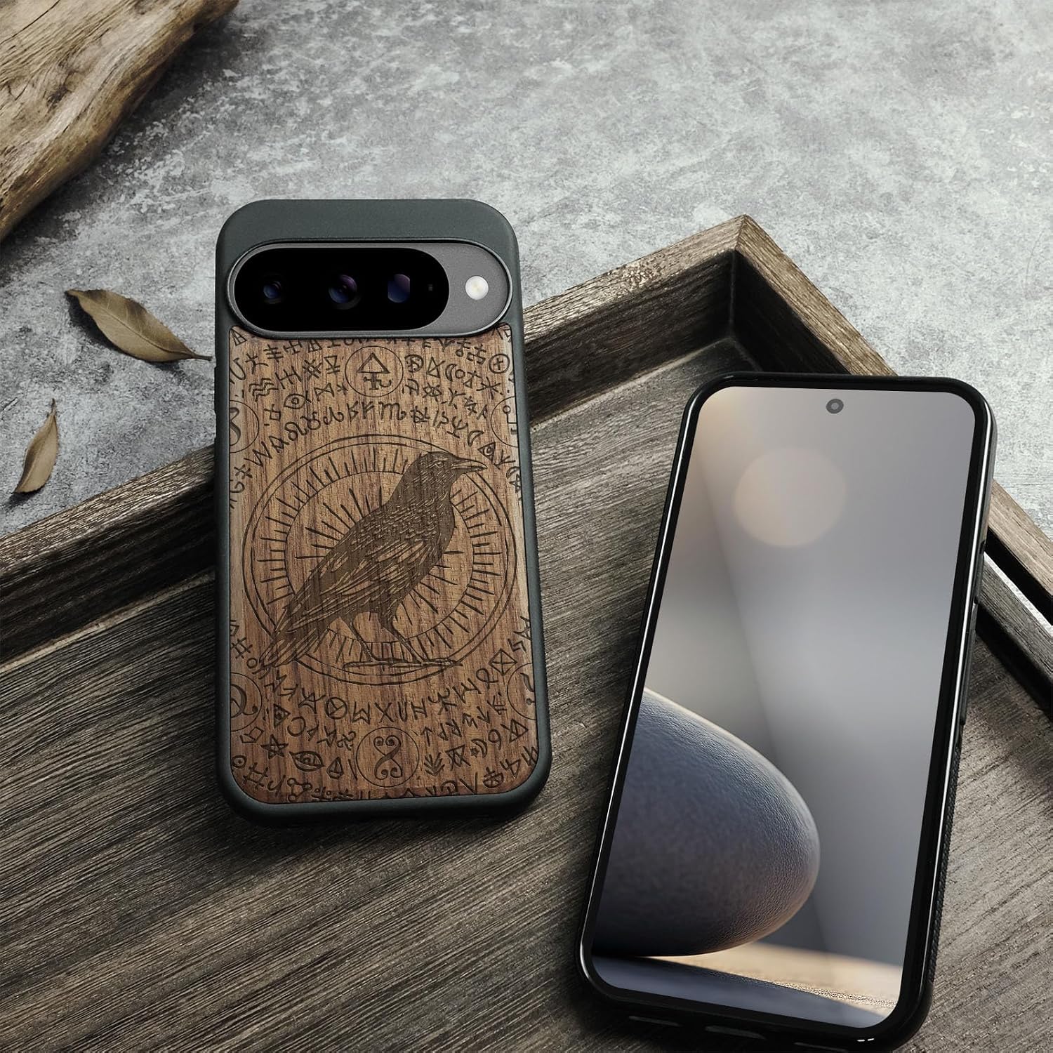 Carveit Magnetic Wooden Case for Google Pixel 10 Case, Wood Artisan Engraved & Soft TPU Shockproof Cover, Compatible with MagSafe Wireless Chargers (The Haloed Crow) Walnut