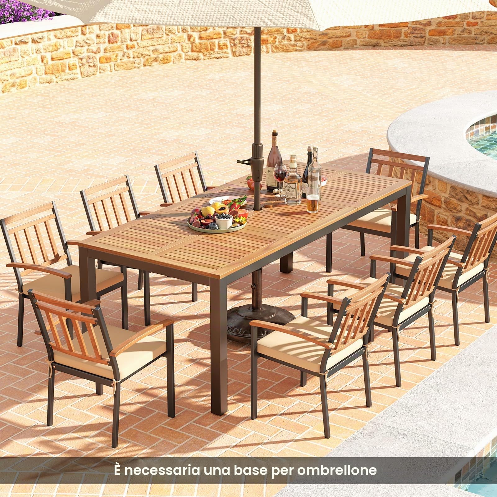 GIANTEX Tavolo da Giardino in Legno di Acacia per 8 Persone, Tavolo Rettangolare da Pranzo con Foro per Ombrellone, Struttura in Metallo, 200 x 90 x 75 cm, Naturale e Nero
