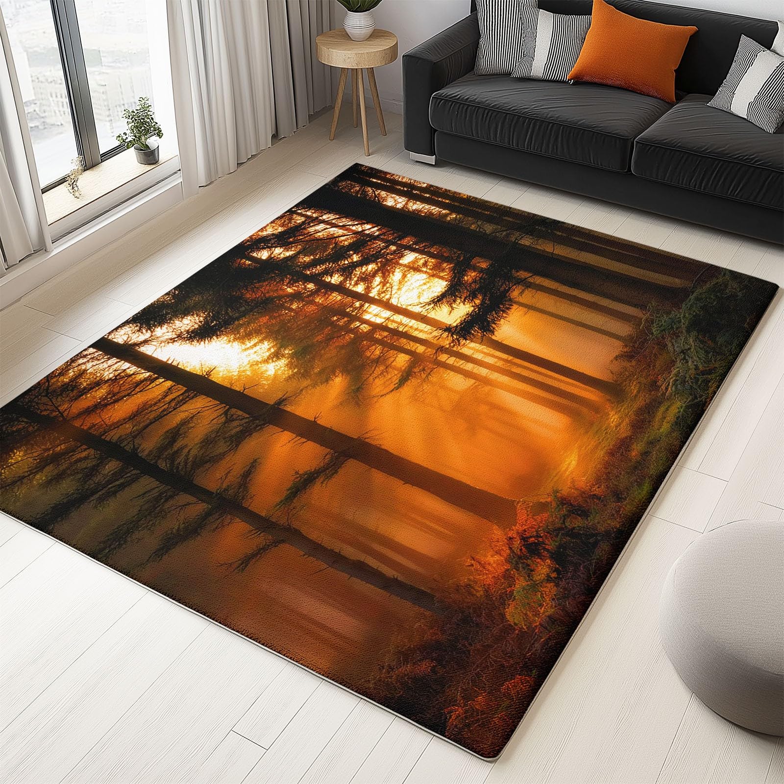Tapis doux poil ras jaune avec motif forêt lumineuse pour grand salon