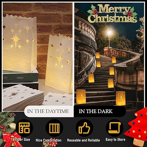 Miniatura 4 de Sabary Juego de 200 bolsas de papel luminarias con luces de té sin llama, velas votivas LED de Navidad con bolsa luminaria para cumpleaños, boda,