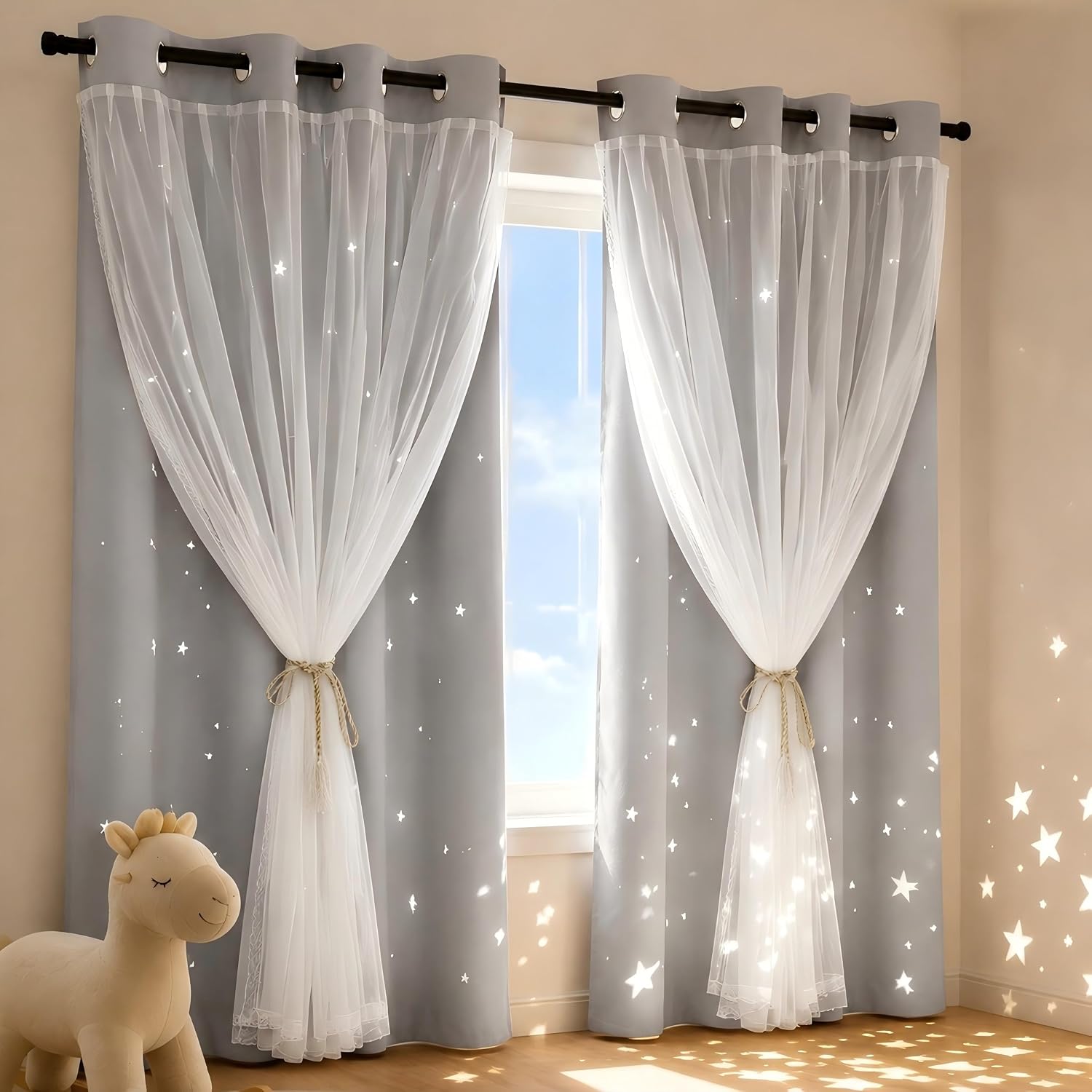 Star Cutout Curtains for Bedroom 52" W x 95" L Silver Grey 2 Panels