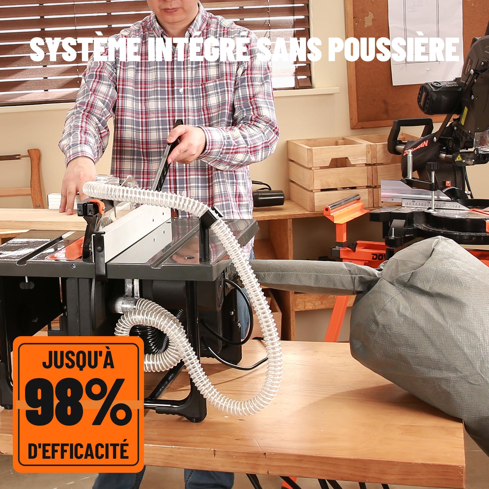 Dovaman DTS02M Scie circulaire de table, 98% d'aspiration, 2000 W, lame 216 mm, coupe à onglet 0-45°, profondeur 45-60 mm