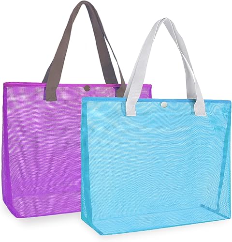 Miniatura 7 de Paquete de 2 bolsas grandes y ligeras de malla simple con botón a presión, reutilizable, bolsa de piscina para viajes al aire libre, compras,