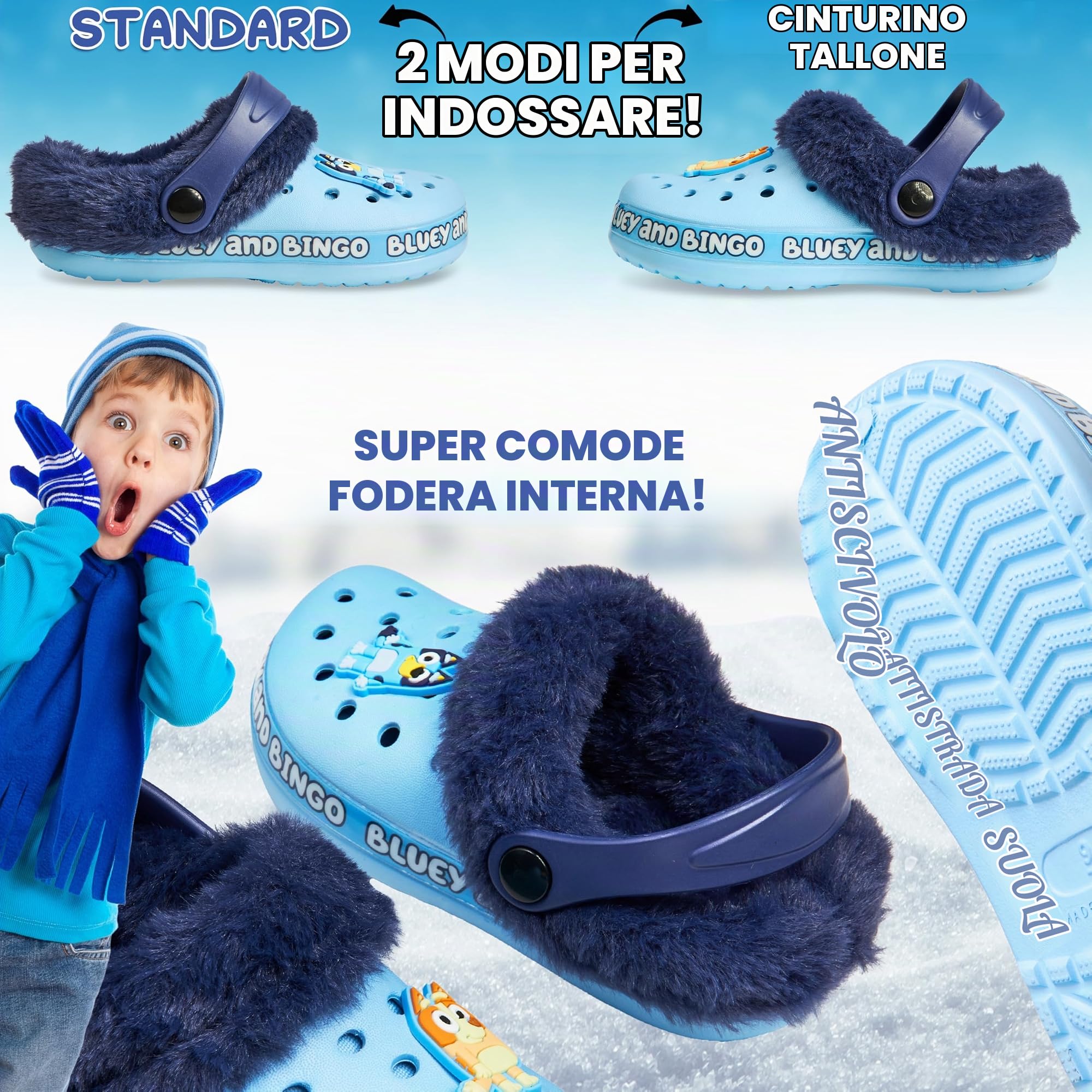 BlueY Zoccoli Bambina, Fodera in Pile Invernale e Accenti Decorativi, Slip On Ciabatte Bambino con Cinturino, Regalo Bambini