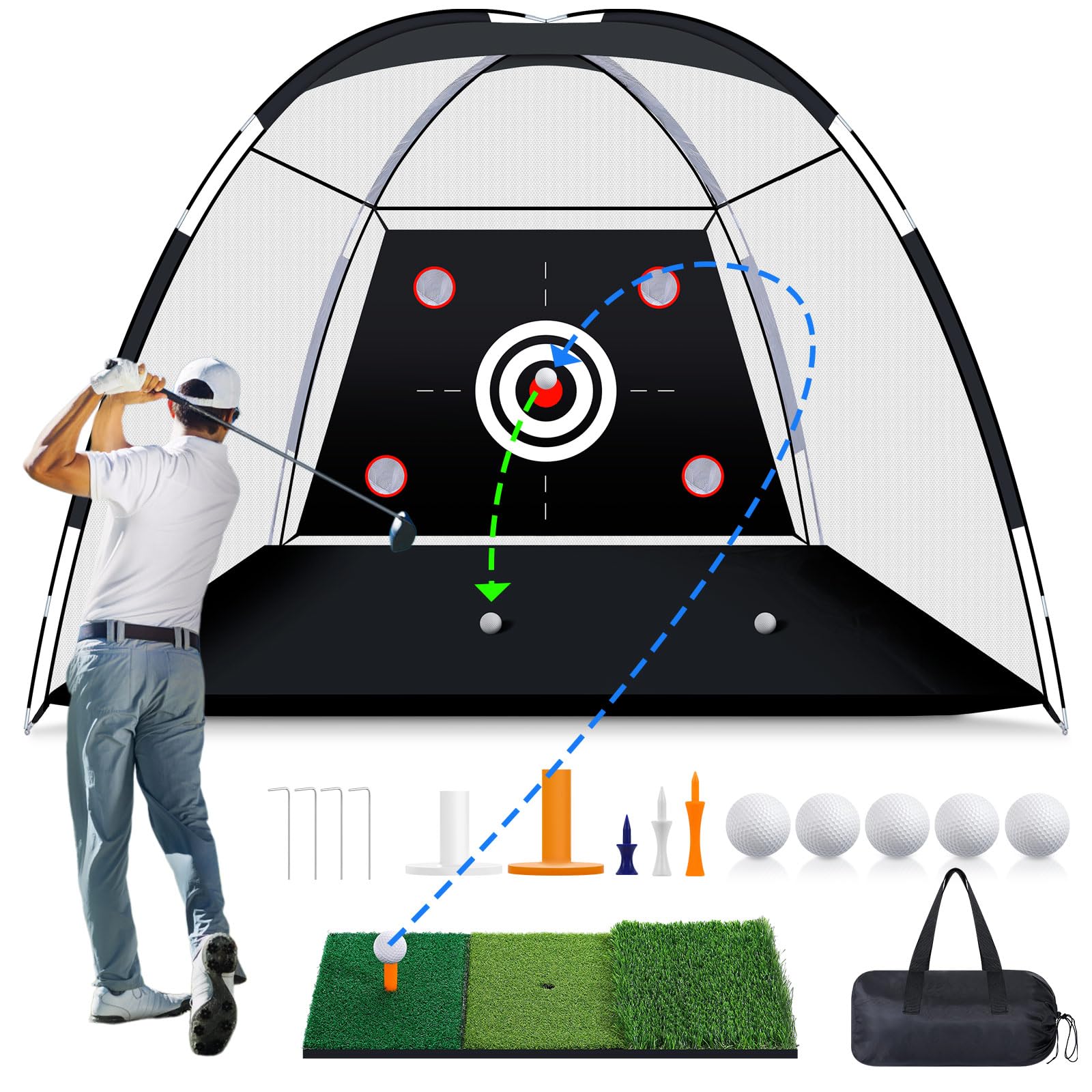 MoKo Golf Net with Practice Mat, Golf Hitting Net for Outdoor Indoor Backyard Driving Chipping Swing Training, All-in-One Multi-Target Training Aid Practice Nets with Tri-Turf Mat