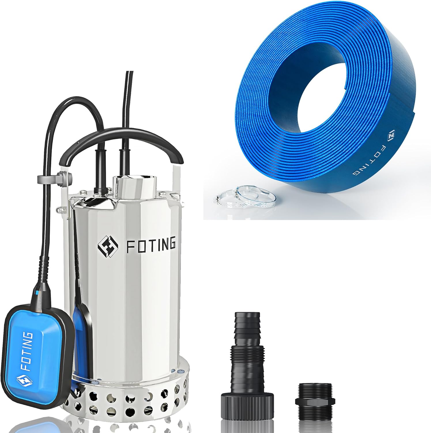 FOTING Sump Pump with 50FT Pool Backwash Hose 1-1/2 lN, 1Hp clean/Dirty submersible Water Pump, 4600GPH Utility Pump