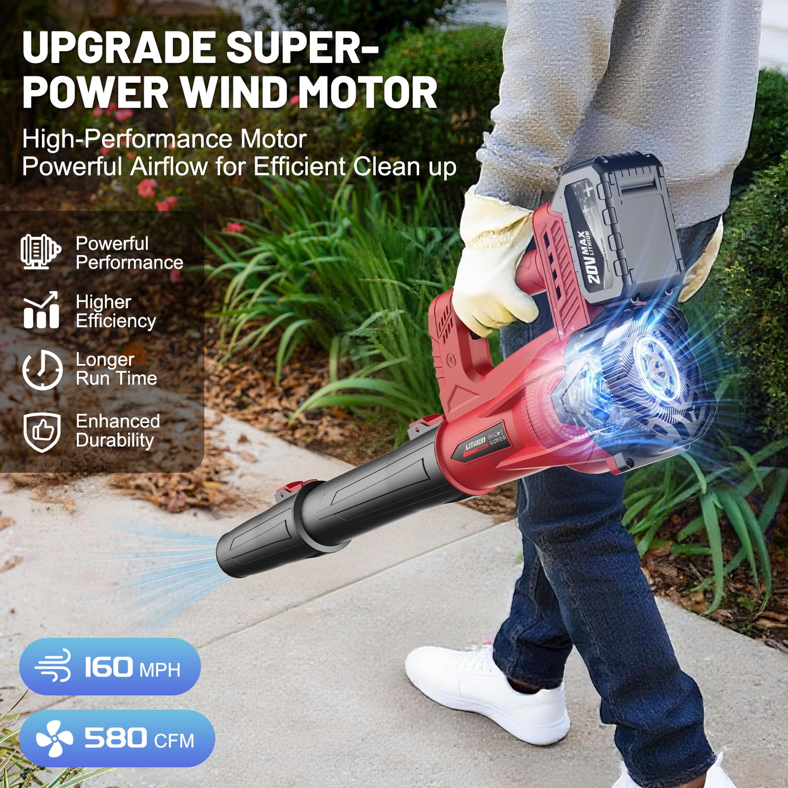 Soplador de hojas inalámbrico con 2 baterías y cargador, soplador de hojas de alta velocidad de 160 MPH 580 CFM con 2 tubos, sopladores de hojas eléctricos ligeros de mano de 20 V para cuidado del