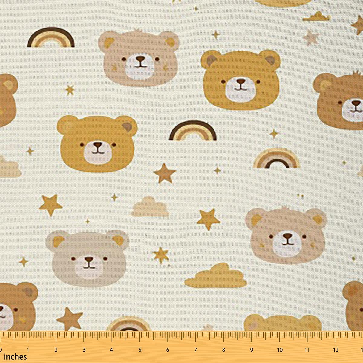 Cute Bear Fabric by The Yard,Rainbow Stars Cloud Sky Soft Polyester Fabric for Sewing Lover,Cartoon Animals No Stretch Fabric Crafting Supplies,Light Yellow Soft 5 Yard Bolt,180" L x 59" W
