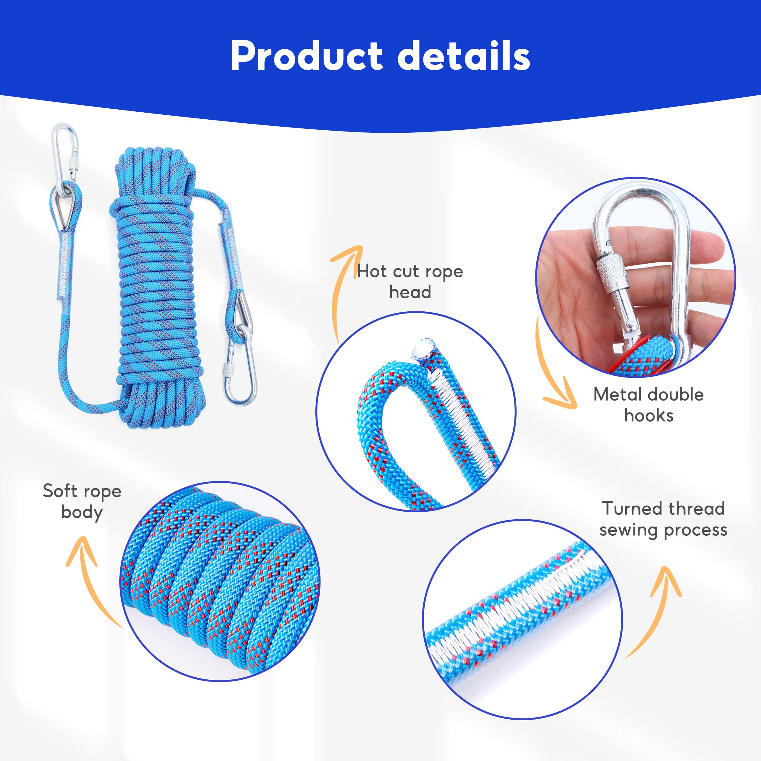 dogmoon Professional Climbing Rope, 10mmx10m Rappelling Abseiling Rope, Static Climbing Rope With Two Carabiners - Image 3