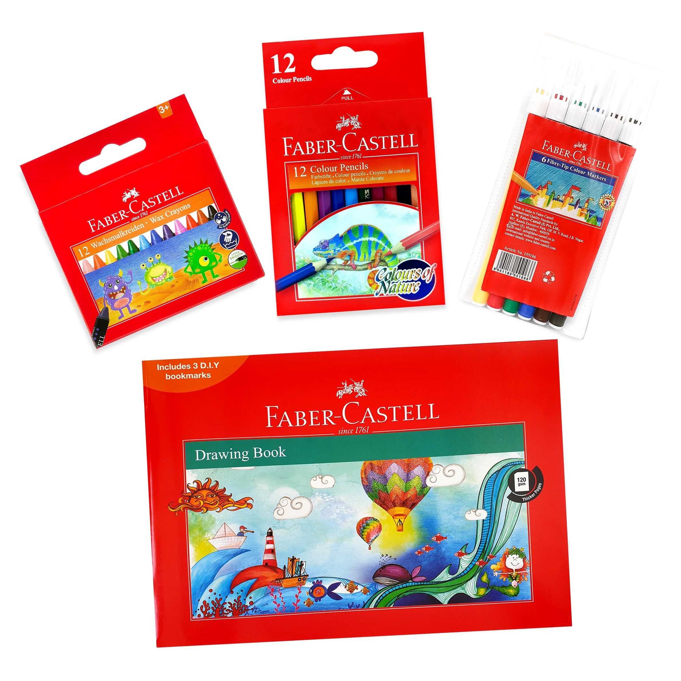 Faber-Castell A4 Drawing Book 120Gsm 36Sheets + Fiber Tip Colour Pen 6Colours + Colour Fpencils 12Colours Half + Wax Crayons 12Colours