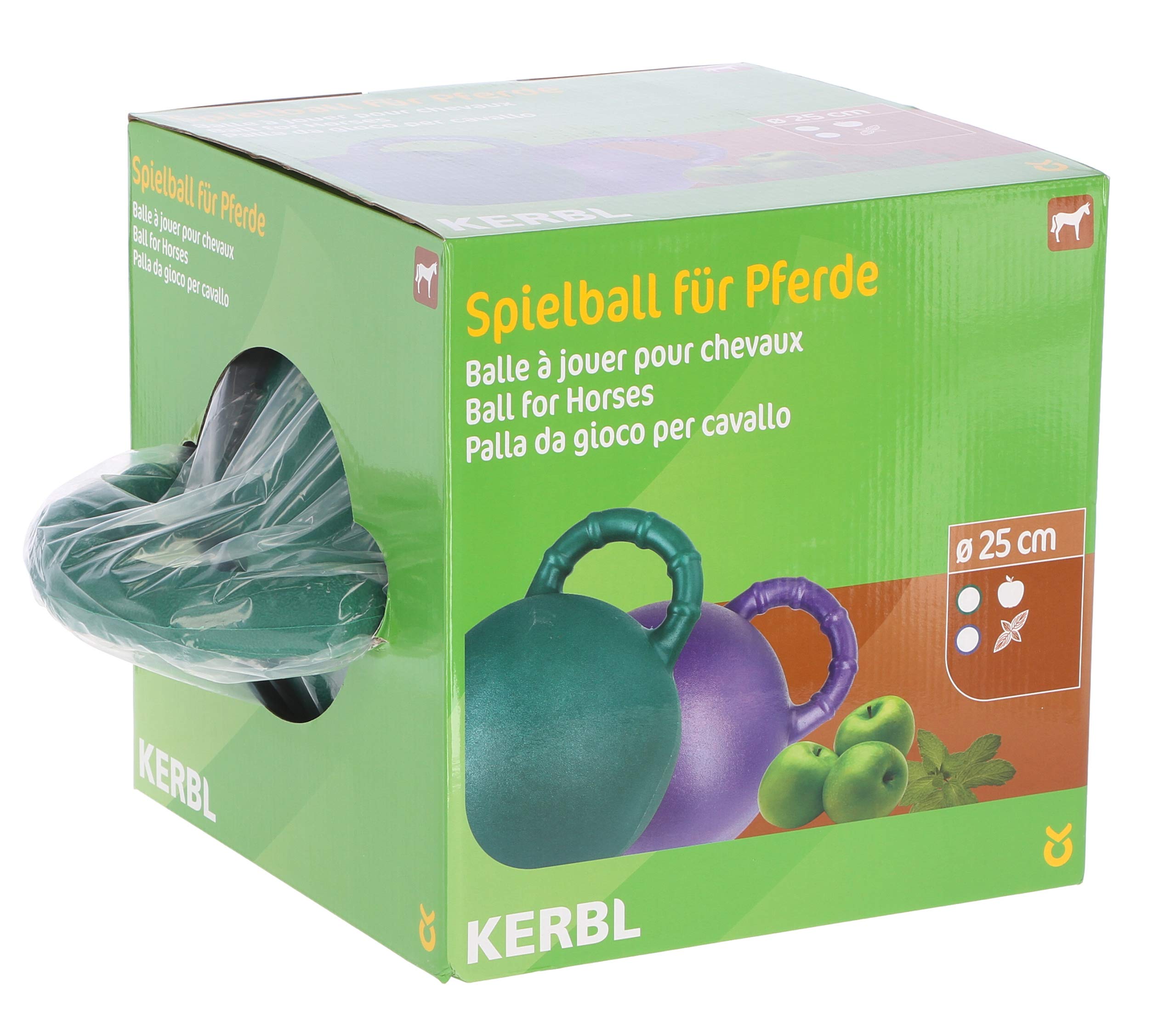 Kerbl Palla da gioco per cavalli, gusto mela, verde, 25 cm, cavallo, resistente ai morsi, con valvola speciale