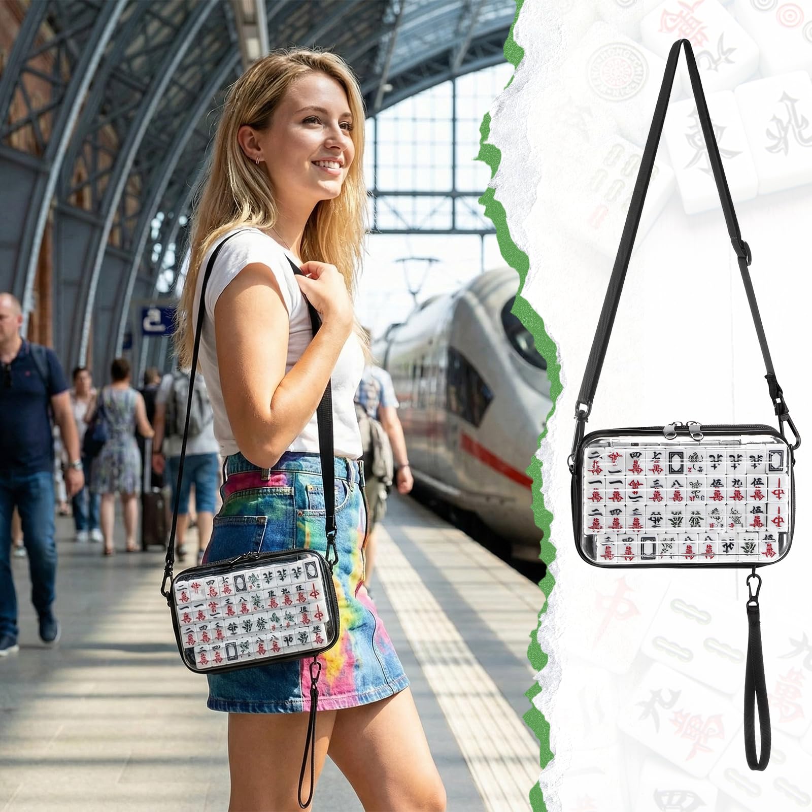 Abbylike Mini Chinesisches Mahjong Set, 144 Fliesen Tragbares Mahjong Komplettset mit Crossbody-Tasche & 2 Würfeln, authentisches Reisespiel für Erwachsene & Familie für Outdoor-Spaß, Reisen