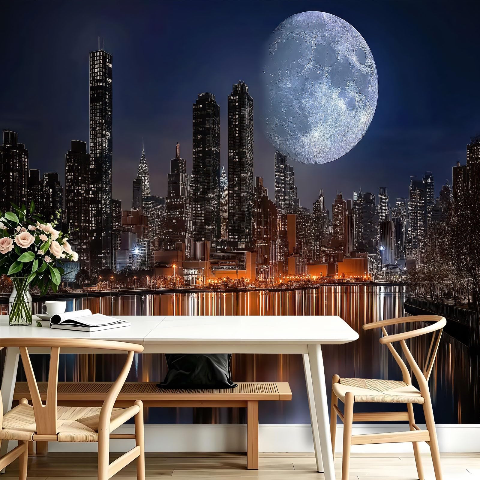 Księżyc Nowy Jork nocna scena fototapeta 200 x 140 cm (szer. x wys.) nowoczesna miejska fototapeta do dekoracji ścian przedszkola, dekoracja salonu i kuchni