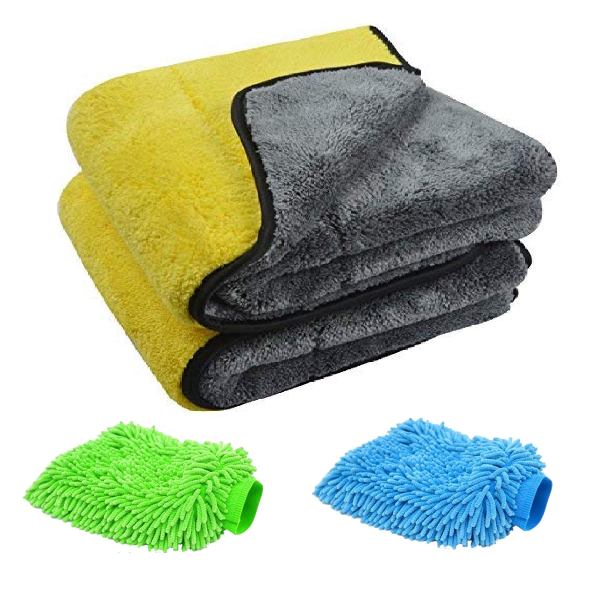Multipurpose 4 in 1 Combo Cleaning Kit Dust Cloth Towel Glove for All Vehicles Bike Car Glass Kitchen, 2-800GSM Towel + 2 Microfiber Gloves (Multicolour)