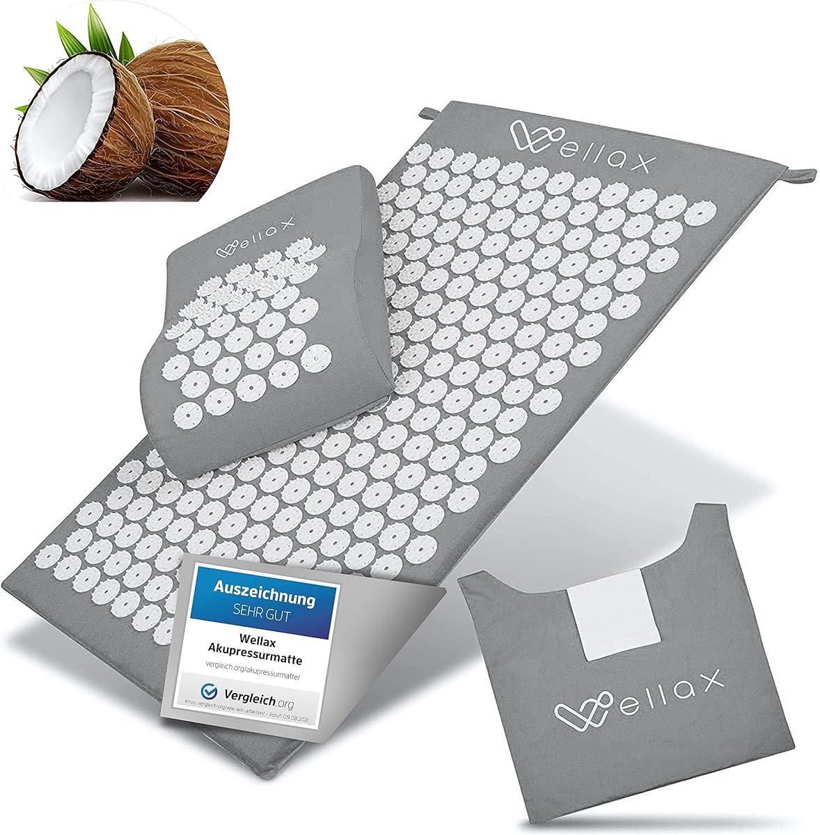 Wellax [Das Original] - Akupressurmatte mit Kissen - Gefüllt mit 100% Kokosfasern - Löst Verspannungen & fördert Durchblutung - Massage Matte mit Akupressurkissen - Ausgezeichnet von Vergleich.org