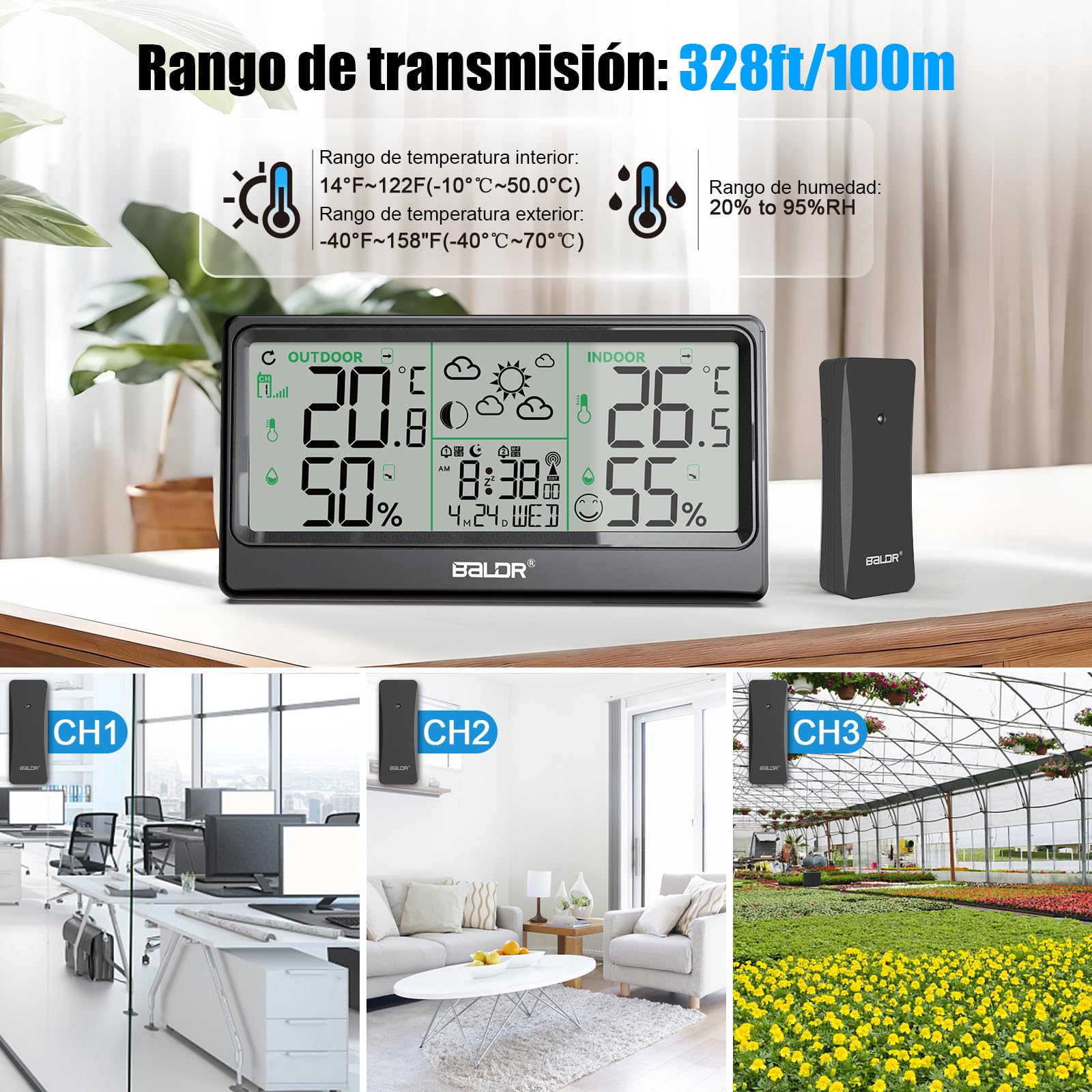 Estacion Meteorologica Inalámbrica, 8.5" Termómetro Higrómetro Barómetro Interior Exterior Reloj Atómico Pronóstico del Tiempo Reloj Digital Alarma Función de Repetición Pantalla de Hora Fecha Día