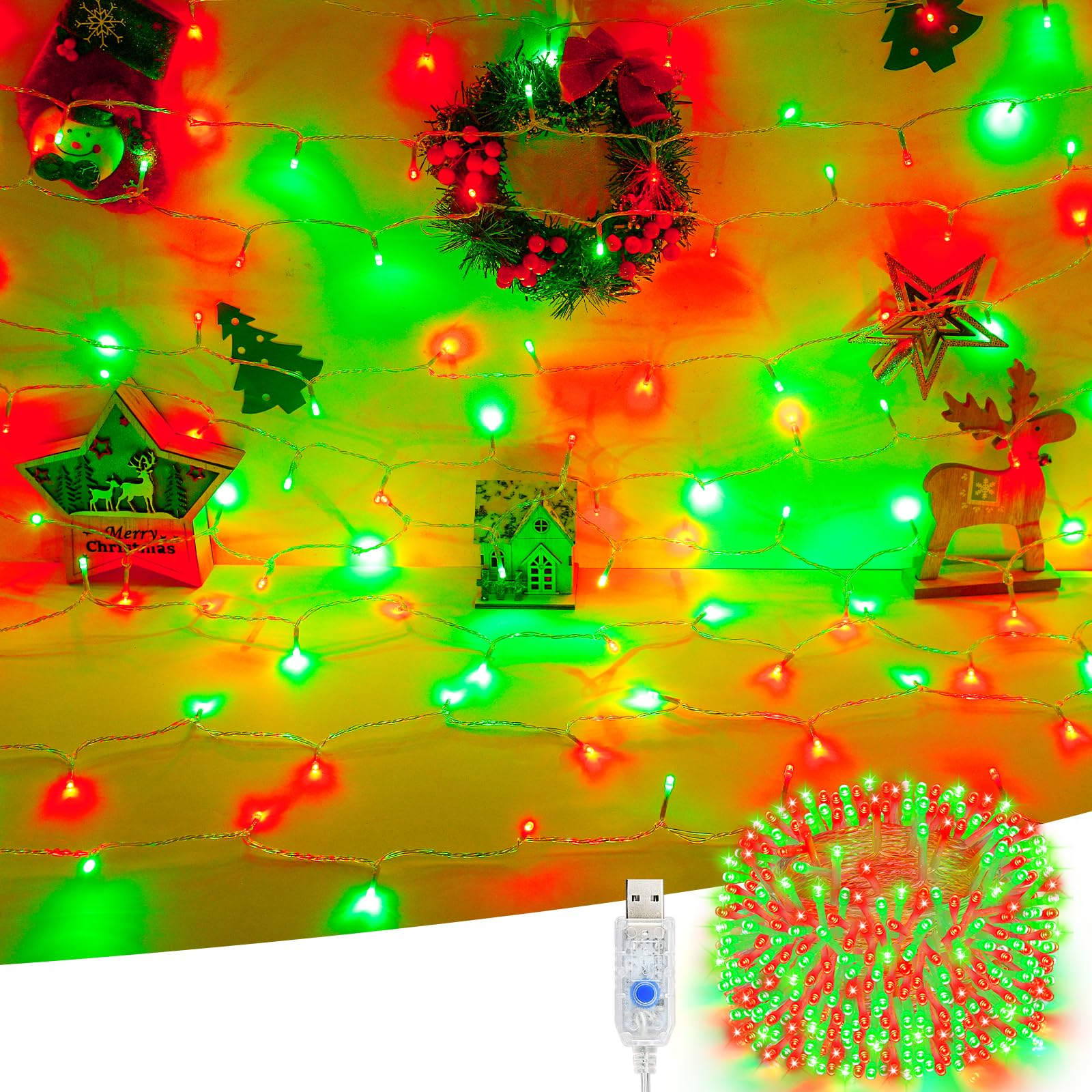 Etopgo USB Fairy Lights,10M100LED Christmas Red Green String Lights,8 Modes Indoor Outdoor USB Christmas Lights for Xmas Bedroom,Garden,Party Room Decorations