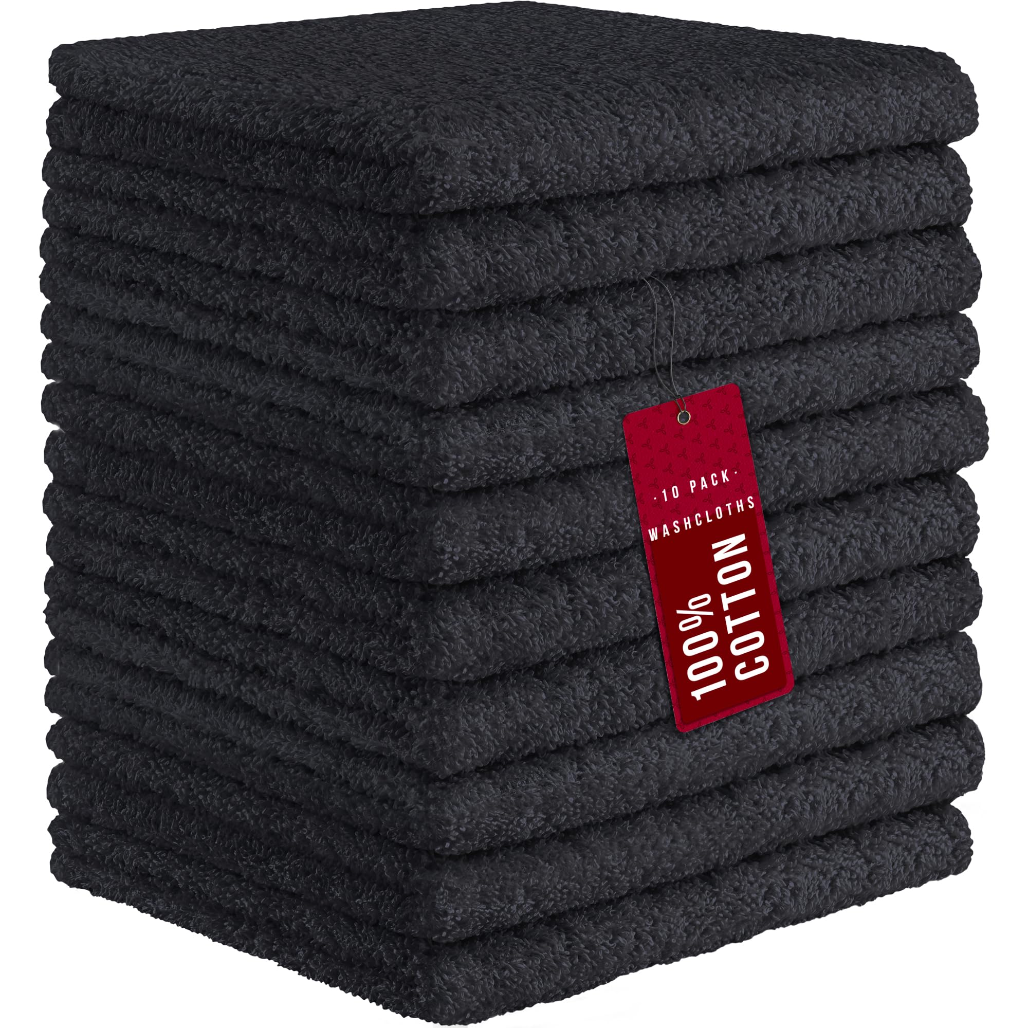 DecorRack 10 Pack 100% Cotton Wash Cloth, Luxurious Soft, 12 x 12 inch Ultra Absorbent, Machine Washable Washcloths, Black (10 Pack)