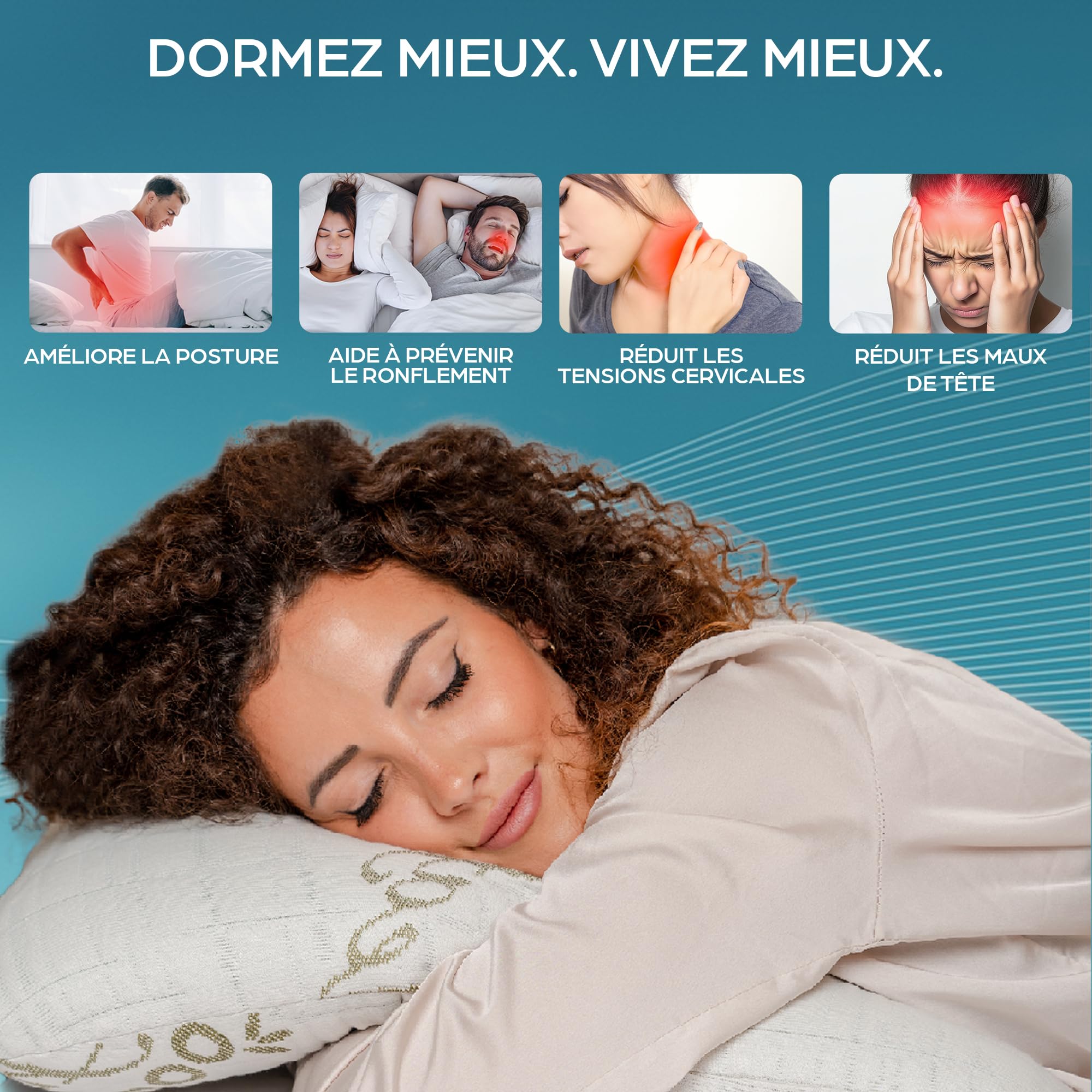 Flowen Oreiller Memorie Forme Coussin Ergonomique Cervical Idéal pour Le Soutien du Cou et de la Tête Orthopédique Anti Ronflement Anti Acarien Hypoallergénique Taie d'oreiller Bamboo Lavable
