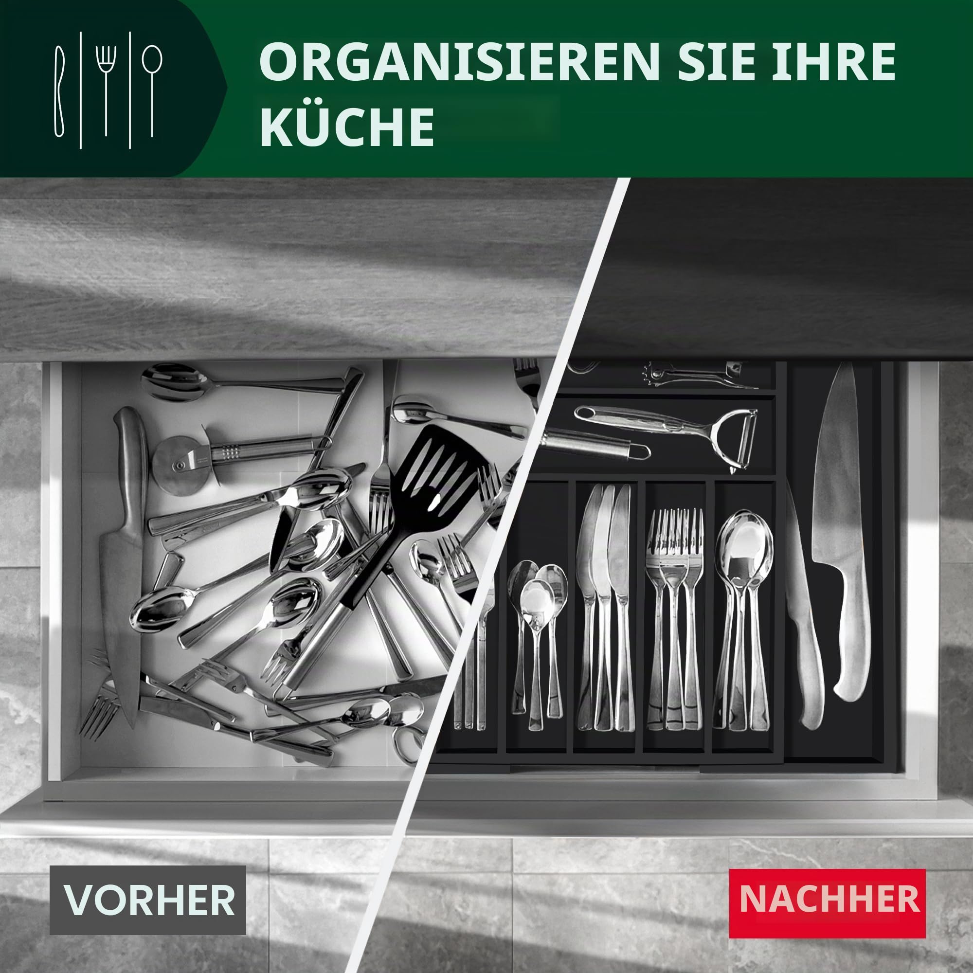 ROYAL CRAFT WOOD Luxuriöser Schubladen-Organizer aus Bambus – Besteck-Organizer – Utensilienhalter und Besteckkasten mit gerillten Schubladenteilern für Besteck und Küchenutensilien (schwarz)