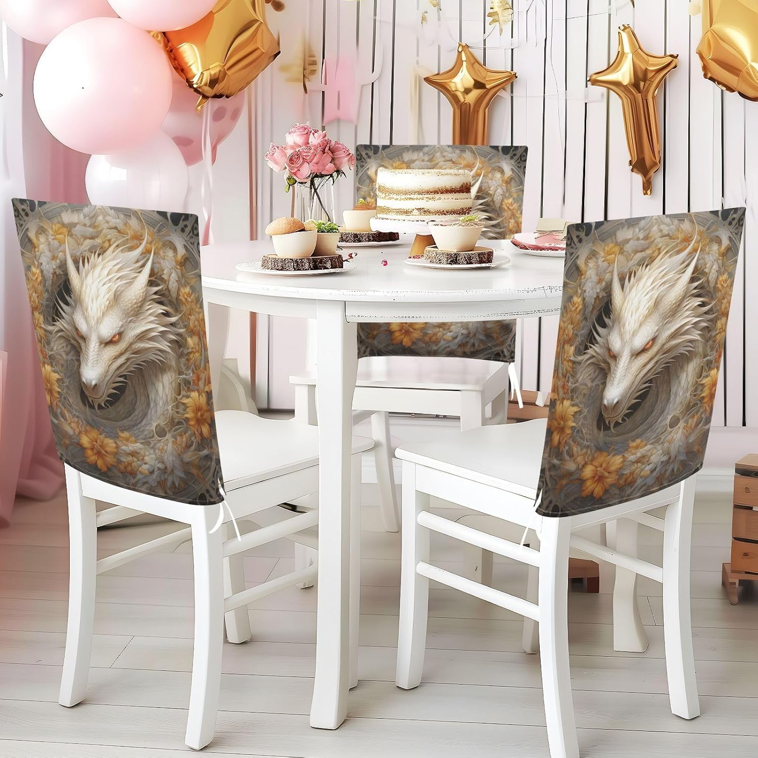 ALAZA Dragon and Flowers Chair Back Cover Set of 6, Washable Reusable Removable Chair Slipcovers Decorative Chair Cover for Home Kitchen Wedding Party