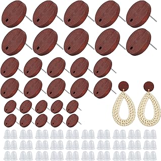 QXUJI 30PCS Flat Round Walnut Wood Earring Studs, Brown Wooden Earring Making Kits with Stainless Steel Ear Nuts, for Women's Jewelry Making, DIY Earrings Crafts, 3 Sizes
