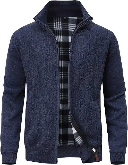 Men's Fleece-Lined Cardigan Jacket with Stand-Up Collar - Winter Outerwear