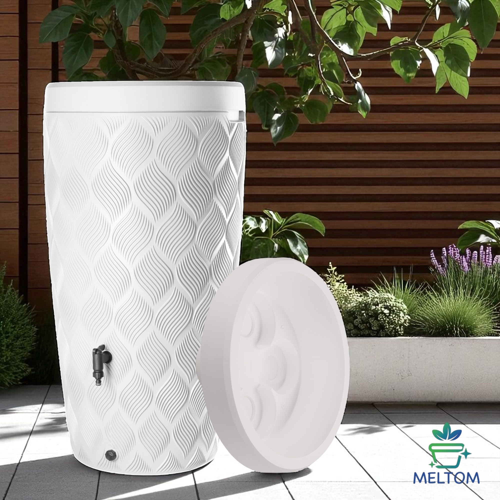 Design Regenwassertank 240L Weiß – Pflanzbar – 112 cm Höhe – Inkl. Fallrohranschluss-Set – Wasserbehälter für Garten – Regentonne Kunststoff (Weiß)