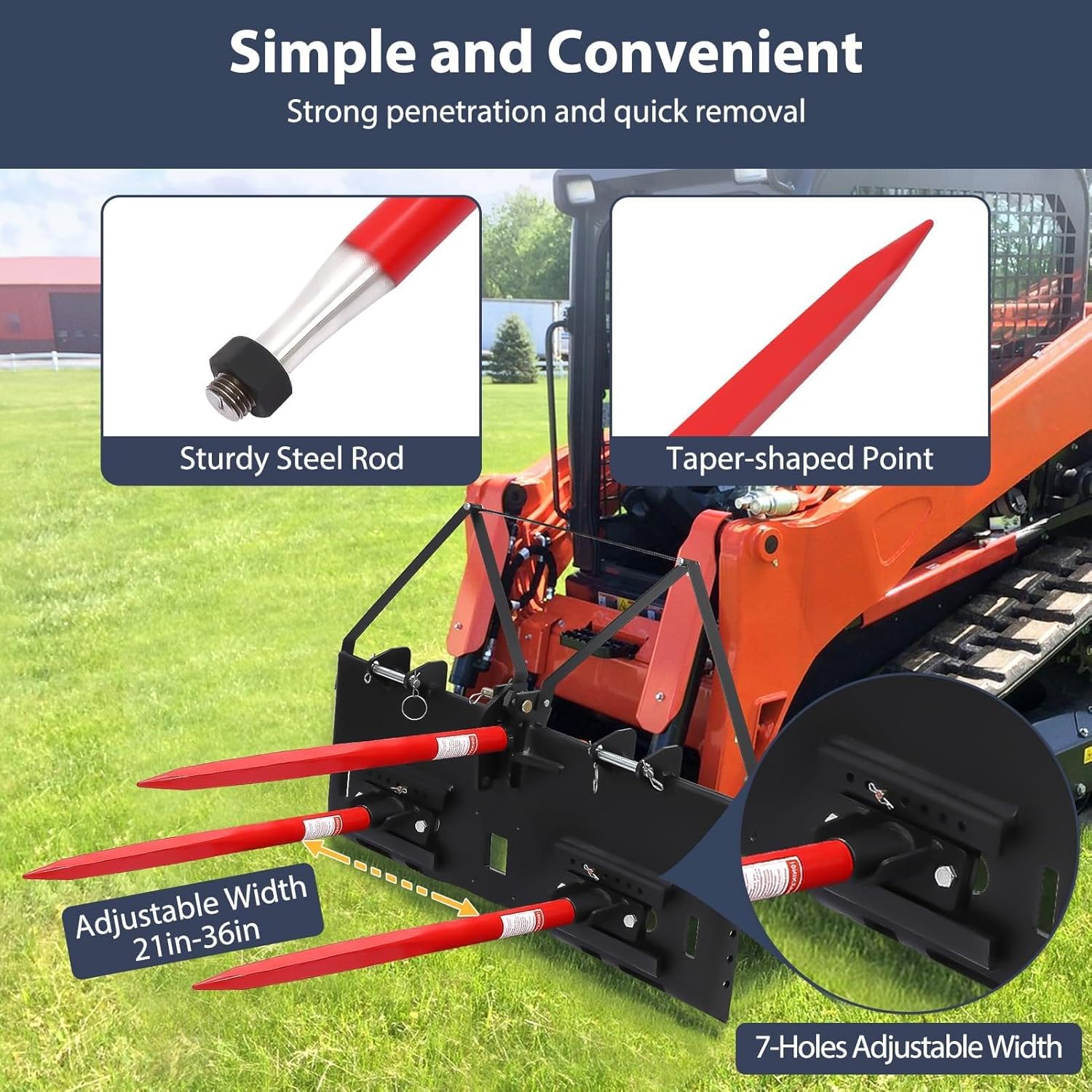 49" Hay Bale Spear, 4000 LBS Capacity Heavy Duty Square Bale Spike with Hex Nut & Sleeve, Quick Attach Replacement for Kubota Compact Loader, Tractor Bucket & 3-Point Skid Steer, Ideal for Round Bale