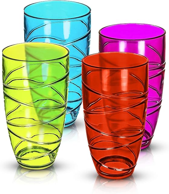 Set of 4 Coloured Swirl Plastic Acrylic Drink TUMBLERS Glasses HI Ball Glass Party Picnic BBQ Camping Garden (4PC Coloured Swirl TUMBLERS Glasses)