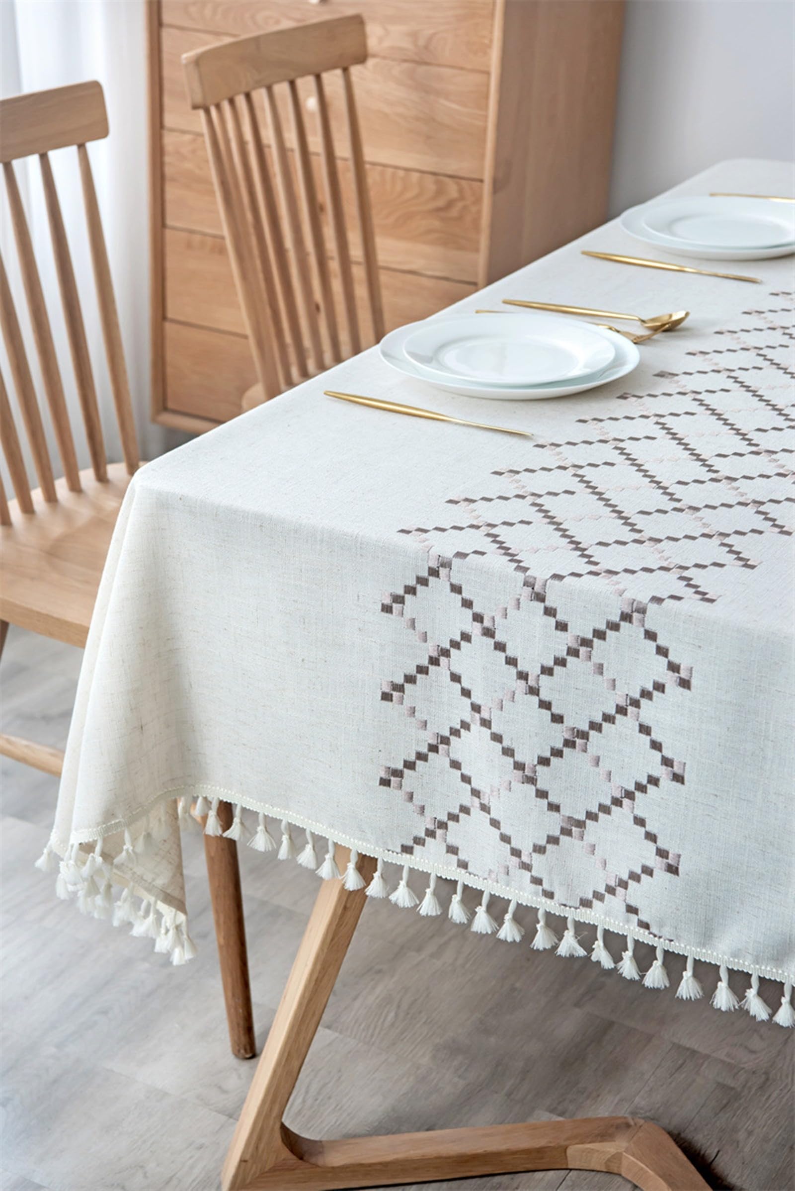 KnSam Mantel de 140 x 200 cm, rombo con borla, mantel de poliéster para exteriores, resistente a la intemperie, repele la suciedad, para salón, comedor, balcón, jardín, café beige