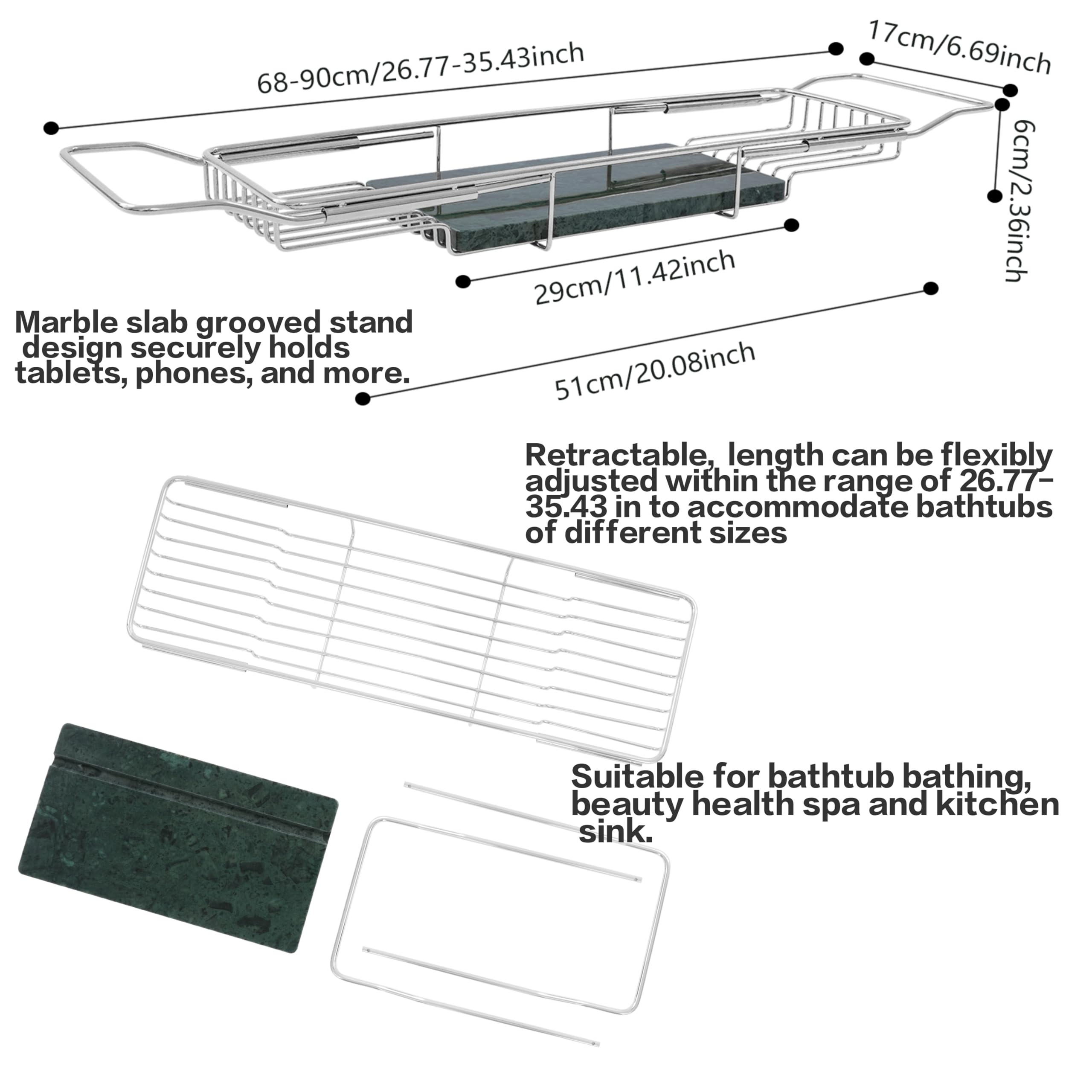 Expandable Bathtub Tray Caddy Shelf with Marble Table Mobile/Tablet Stand, Luxury Bath Tub Tray Rack, Bathroom Home Spa Shower Accessories Perfect Relaxing Spa Gifts for Women, Towel