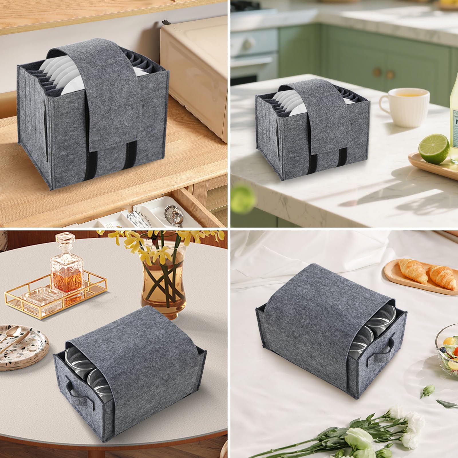 Boîte de Rangement en Feutre pour Rangement Camping-Car Rangement Vaisselle Support pour Assiettes Design Pliable Peut contenir 8 Assiettes et 6 Tasses（Gris）