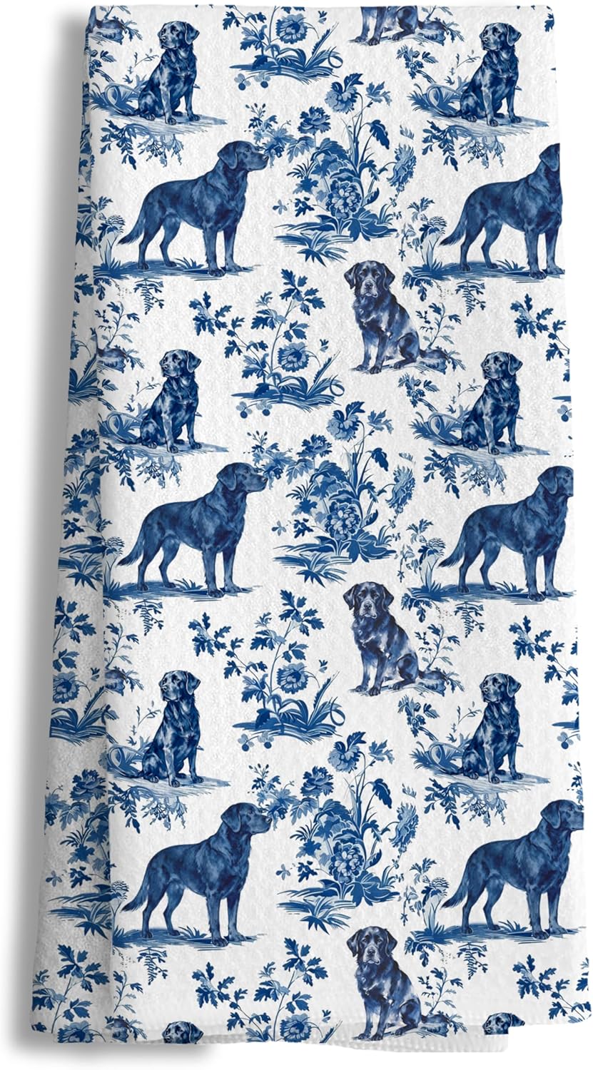 efgthyjdh033 Blue and White Chinoiserie Labrador Retriever Decor Decorative Kitchen Towels, Labrador Retriever Gifts Hand Tea Towels for Bathroom, Toile Floral Lab Dish Towel Dishcloth, 16x24 Inch