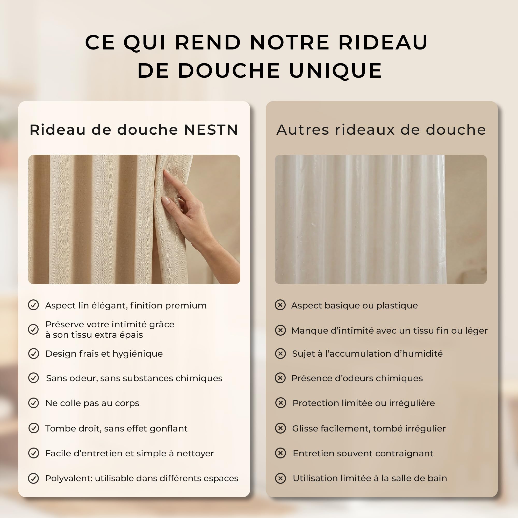 Rideau de Douche Lin Texturé 180x200 Beige – 230 GSM Imperméable | Usage polyvalent : baignoire, douche italienne, camping, balcon, hôtel, salle de sport