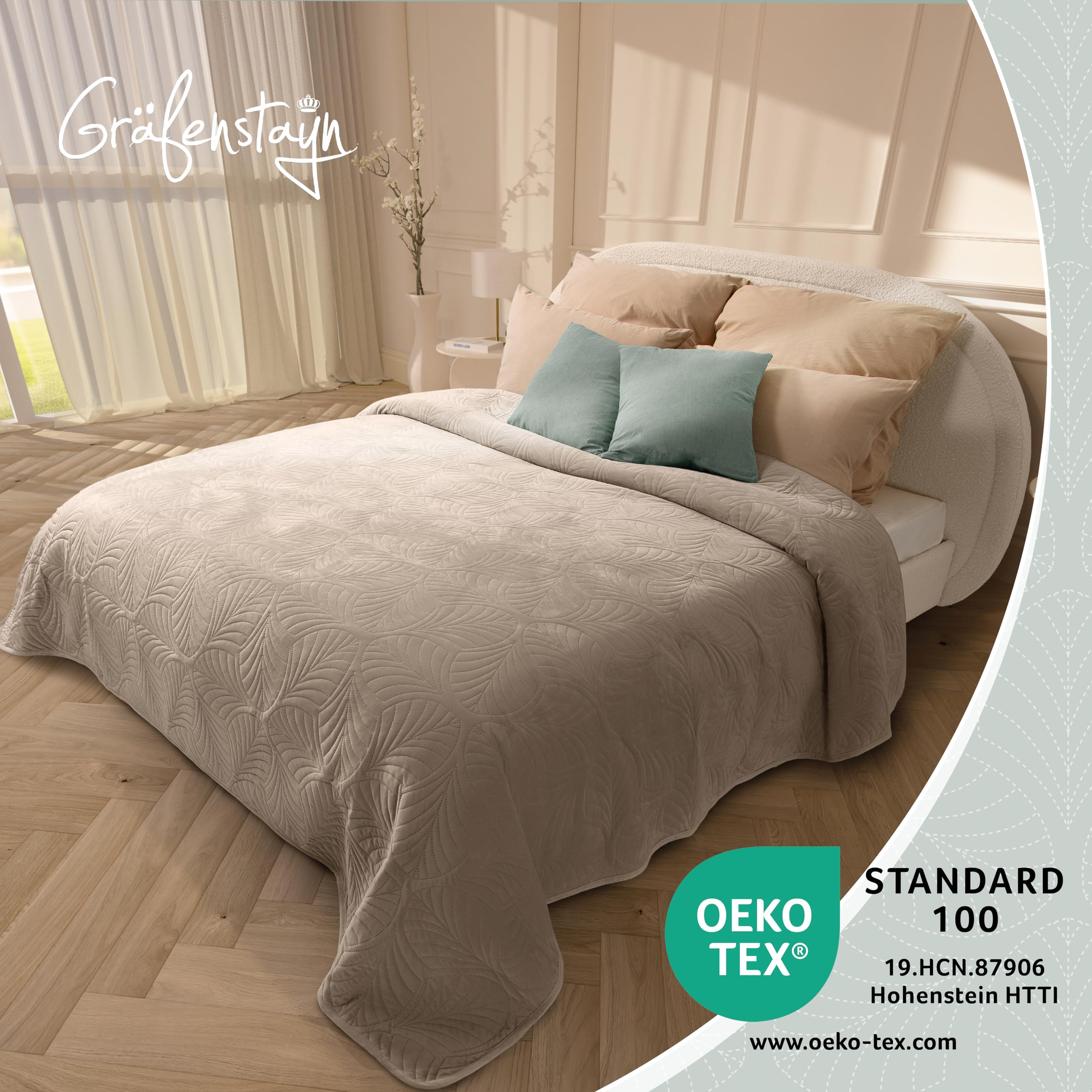 Gräfenstayn Premium Tagesdecke 220x240 cm – Bettüberwurf mit Nahtloser Steppung & Blatt-Design – Samt-Decke weich knitterfrei pflegeleicht (Taupe)