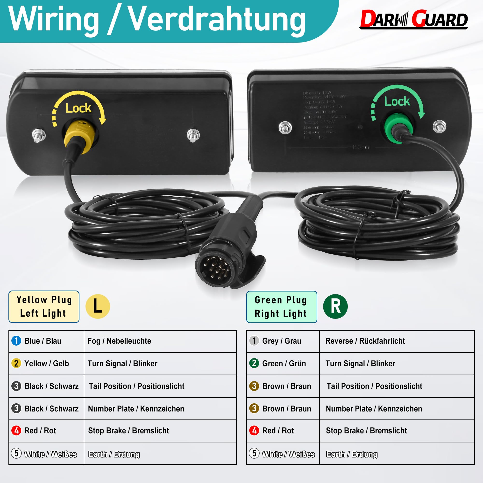 Kit Luces de Remolque 13 Pines 12V/24V Pilotos Traseros Led 7Funciones | IP65 Impermeable E57 Homologados | Conector Bayoneta 5P Pre-cableado 5,5m para Caravana, Camión, Remolque Agrícola