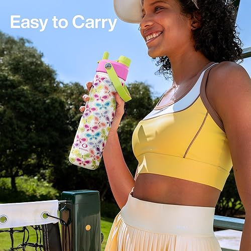 Miniatura 916 de ENCOOL Botella de agua aislada con popote, de acero inoxidable, a prueba de fugas, sin BPA, al vacío de doble pared que se mantiene fría durante 24