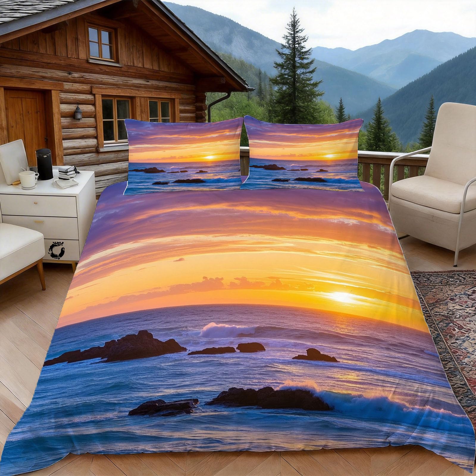 3D Single Duvet Cover Set 3D Printed Sunrise Ocean Bedding, Ocean Scenery Soft Microfibre Duvet Cover Sets Quilt Cover and Pillow Set with Zipper 3 Pcs