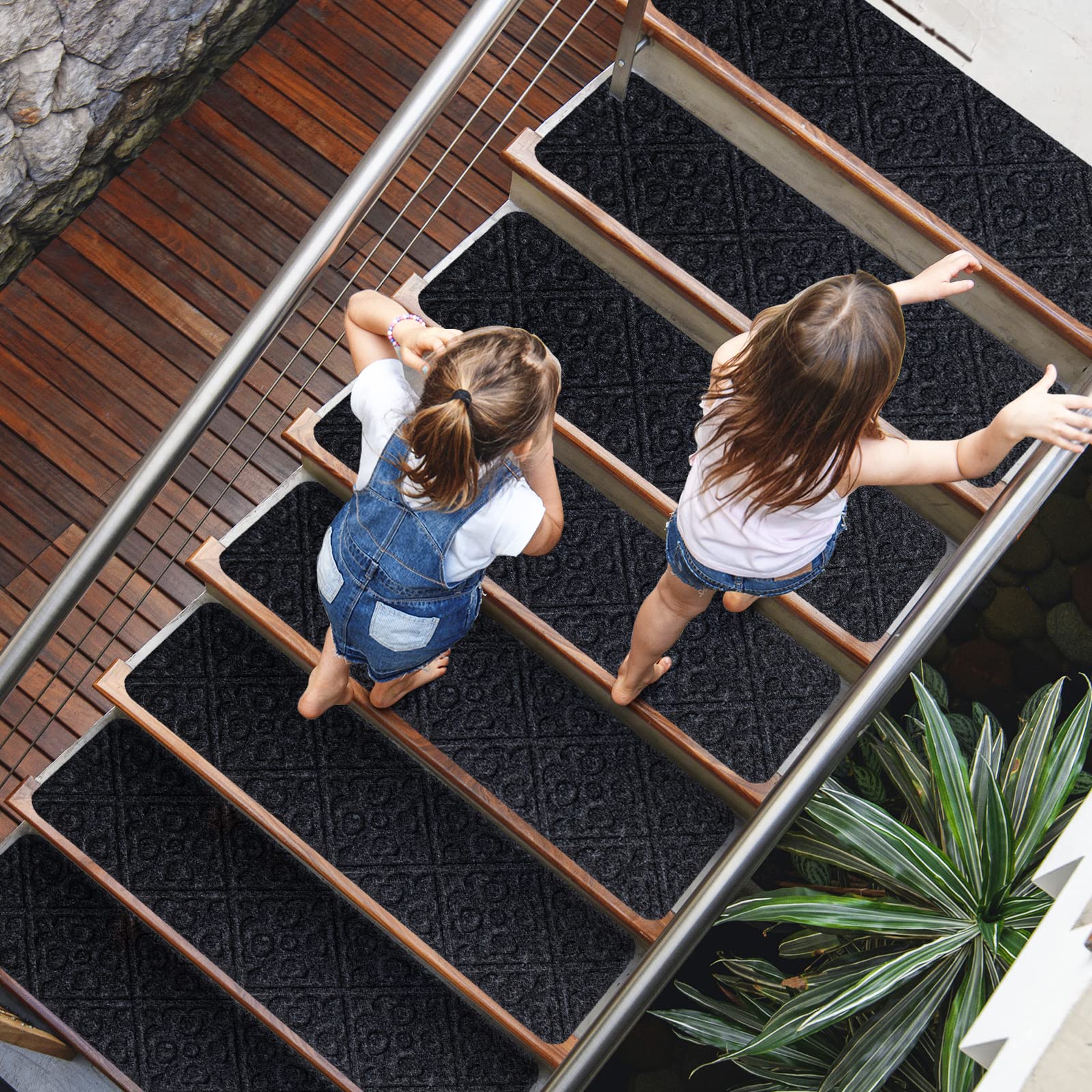 LIFEZEAL 15 Stück Stufenmatten, 76 x 20 cm Treppenschutzmatten für Treppen, Trittschutz für Kinder, Senioren und Haustiere, Stufenteppich Innenbereich mit Aufkleber, Dunkelgrau