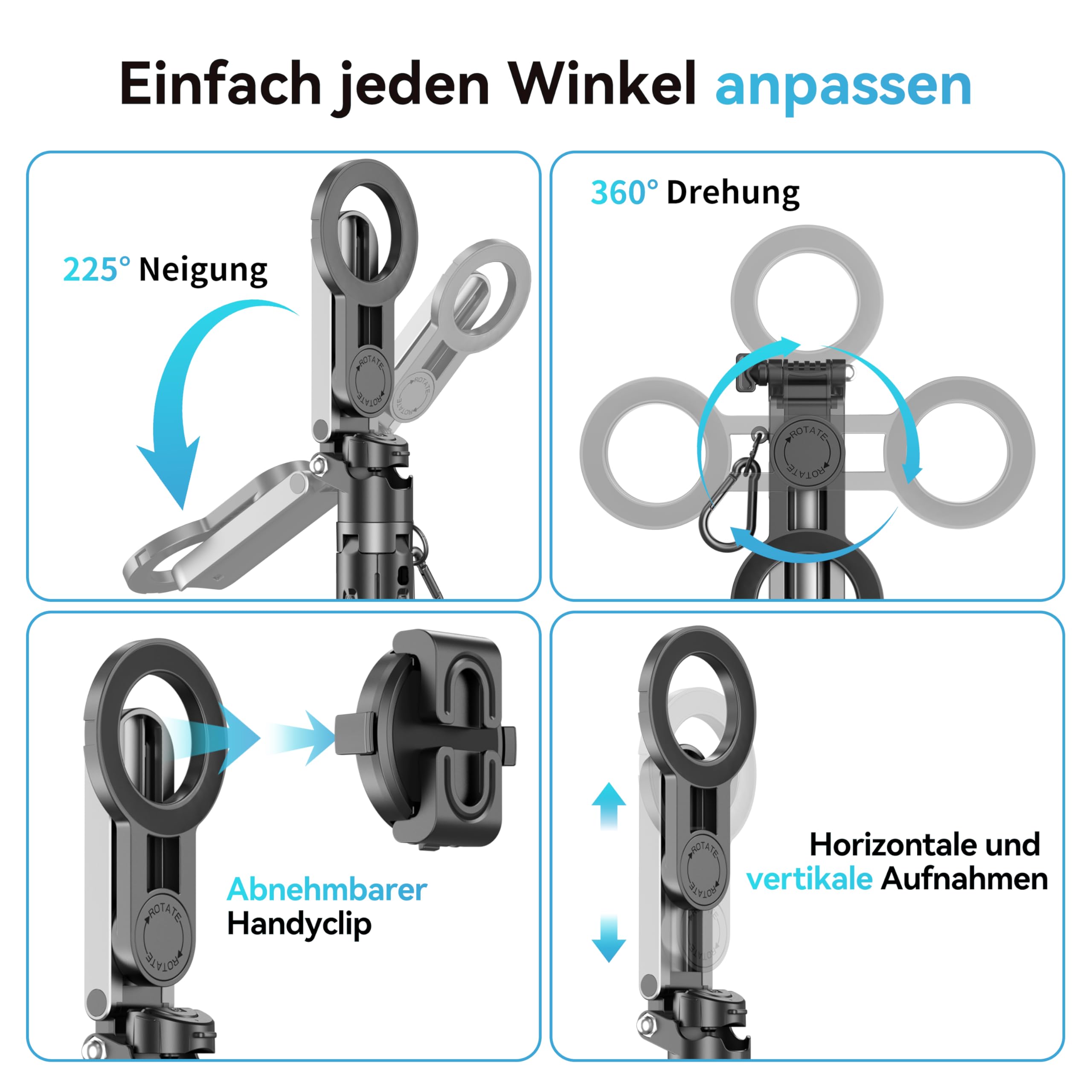 FOURPILLARS Magnetisches Mini Selfie Stick Stativ, Tragbares Selfiestick Klein mit Abnehmbarer Bluetooth-Fernbedienung für Fotos, 360° Drehung, Kompatibe mit iPhone & Android