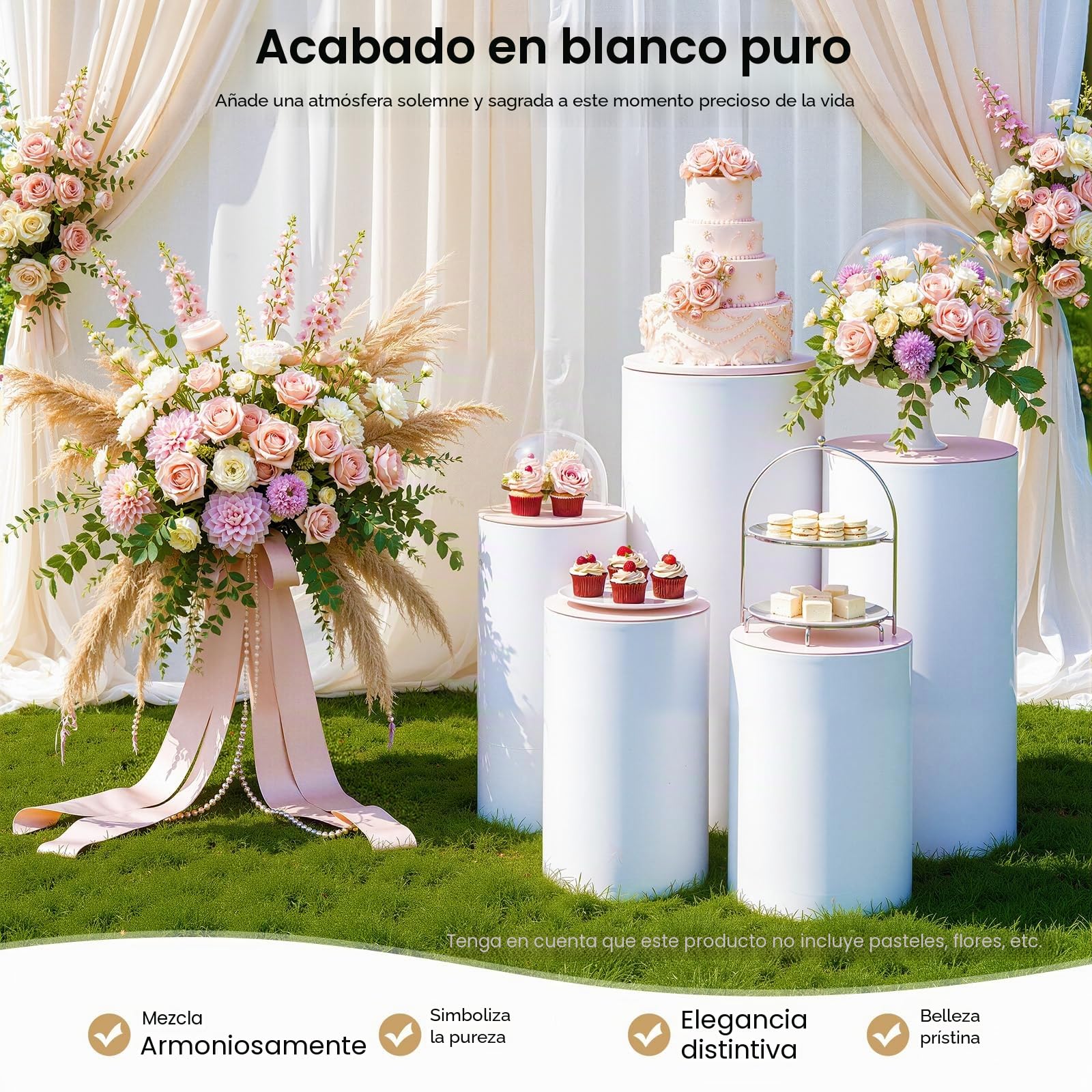 5 unidades de 50 – 90 cm, base cilíndrica blanca con capacidad de carga de 33 kg por pieza, soporte cilíndrico apilable de acrílico/PVC, base redonda para fiestas y cumpleaños, sistema de soporte