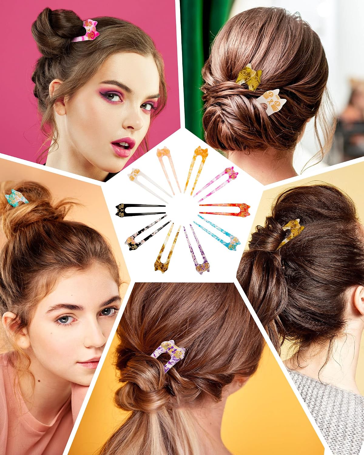 Taiyin 10 Pcs French Hair Pin Women U Shaped Hair Pin Hair Sticks for Long Hair Hair Forks Cat Hair Pin 2 Prong Hair Sticks for Girls Elegance Vintage Hair Accessories (Mixed Color)