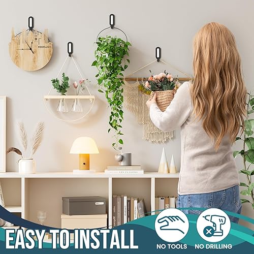 Miniatura 3 de TAILI Ganchos de metal colgantes sin daños con tiras adhesivas, 2 ganchos y 2 tiras adhesivas, ganchos adhesivos resistentes para almacenamiento del