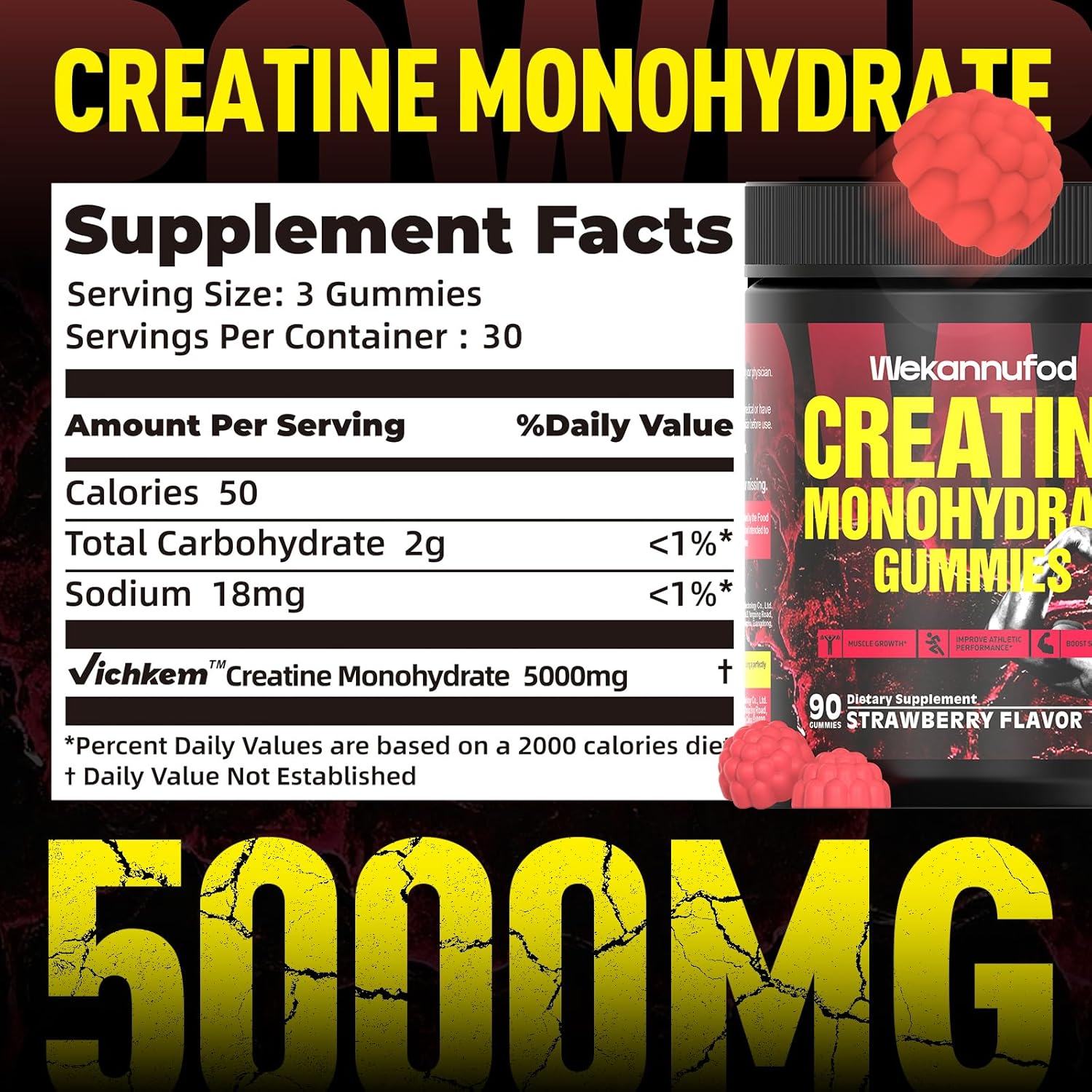 Wekannufod Creatine Monohydrate Gummies for Men & Women,5000MG Creatine Gummy Sugar Free. Boost Focus,Strength, and Endurance, Anti-Melting Formula, Vegan, Gluten-Free, Non-GMO,(Strawberry 90 ct)