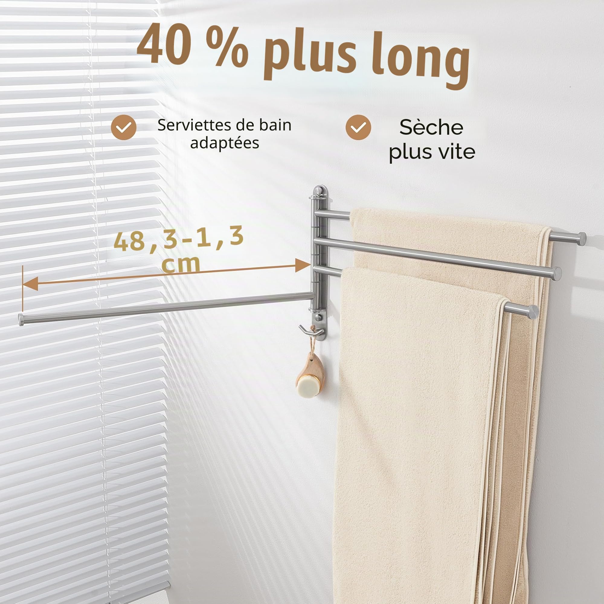 KES Porte Serviettes Pivotante Porte-Serviettes Murale 4 Bras Acier Inoxydable SUS304 Seche Serviette Barre 50 CM Support Brossé, A2103S4L50-2